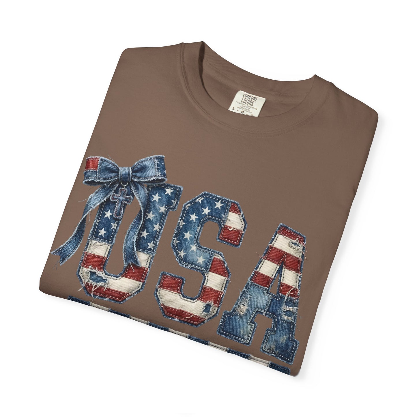 USA Patchwork Denim T-Shirt • Red White Blue Coquette Bow Tee • Americana Graphic Shirt