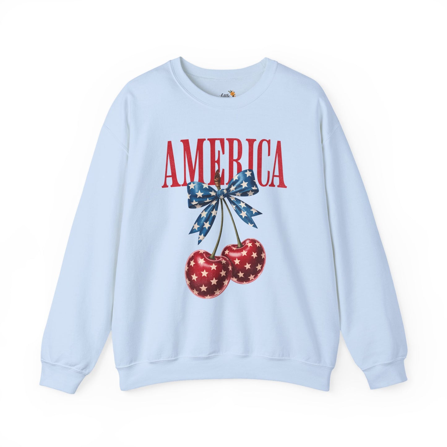 America Cherry Bow Sweatshirt • 4th of July Coquette Crewneck • Red White Blue Graphic shirt