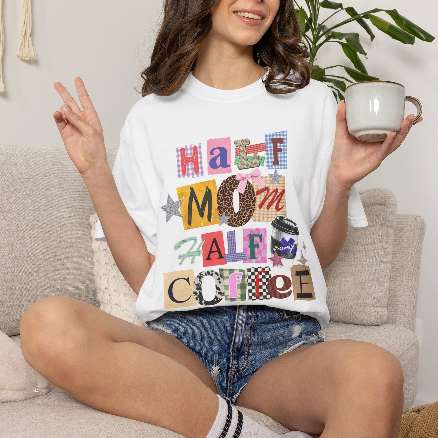 Half Mom Half Coffee Graphic Tee • Funny Mom Shirt Women • Trendy Patchwork Mixed Print Leopard Gingham Tee • Mom Life Shirt
