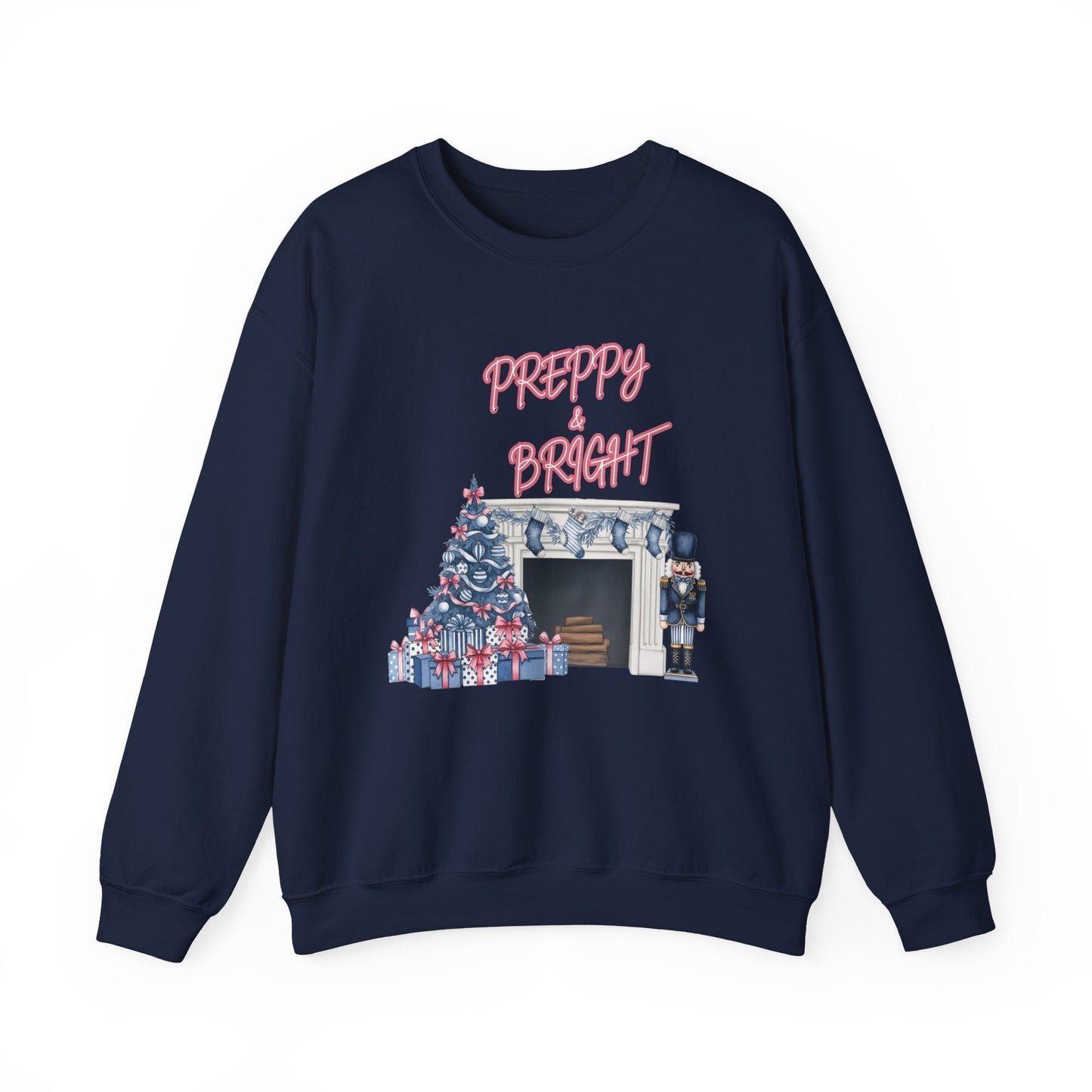 Preppy & Bright Christmas Sweatshirt | Blue Pink Holiday Crewneck with Nutcracker, Tree & Fireplace | Cozy Unisex Festive Winter Sweater