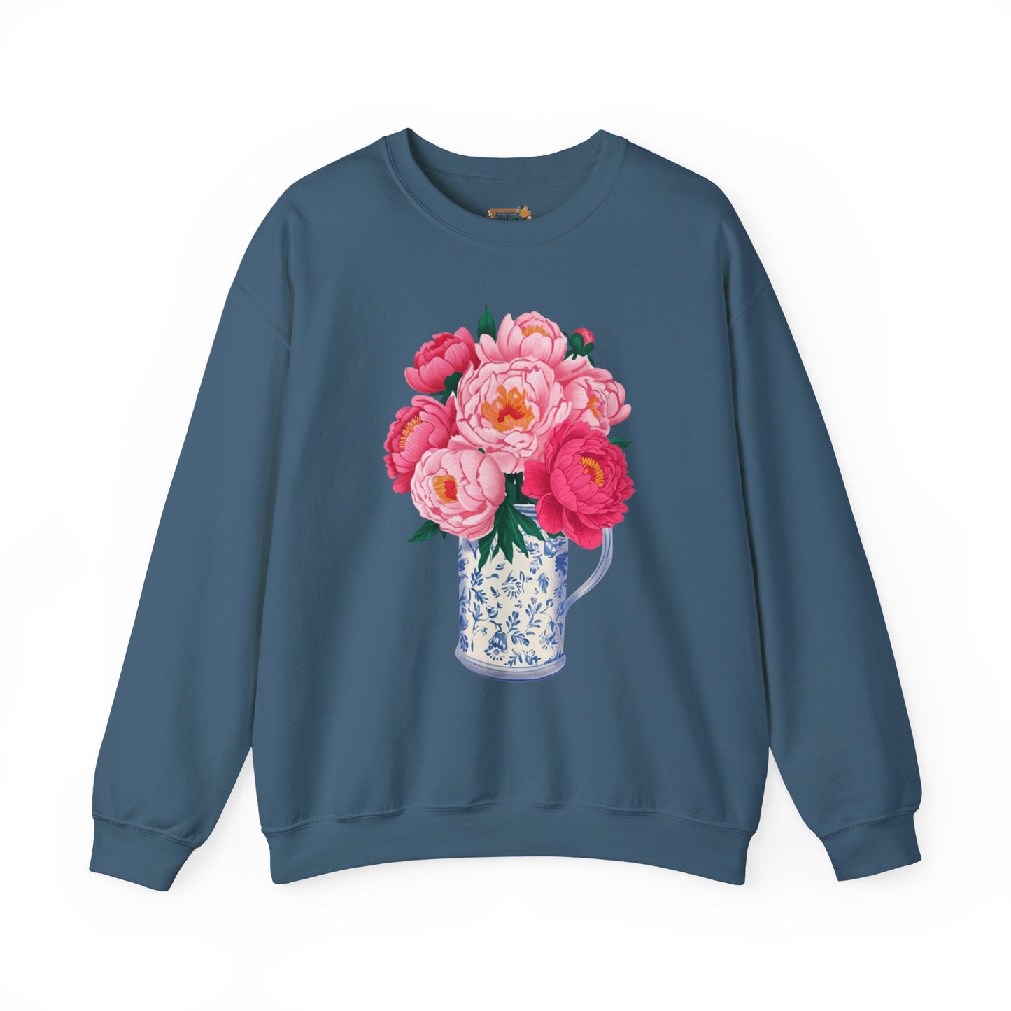 Pink Peonies in Blue Vintage Vase Floral Sweatshirt • Cottagecore Garden Bouquet Crewneck • Botanical Apparel