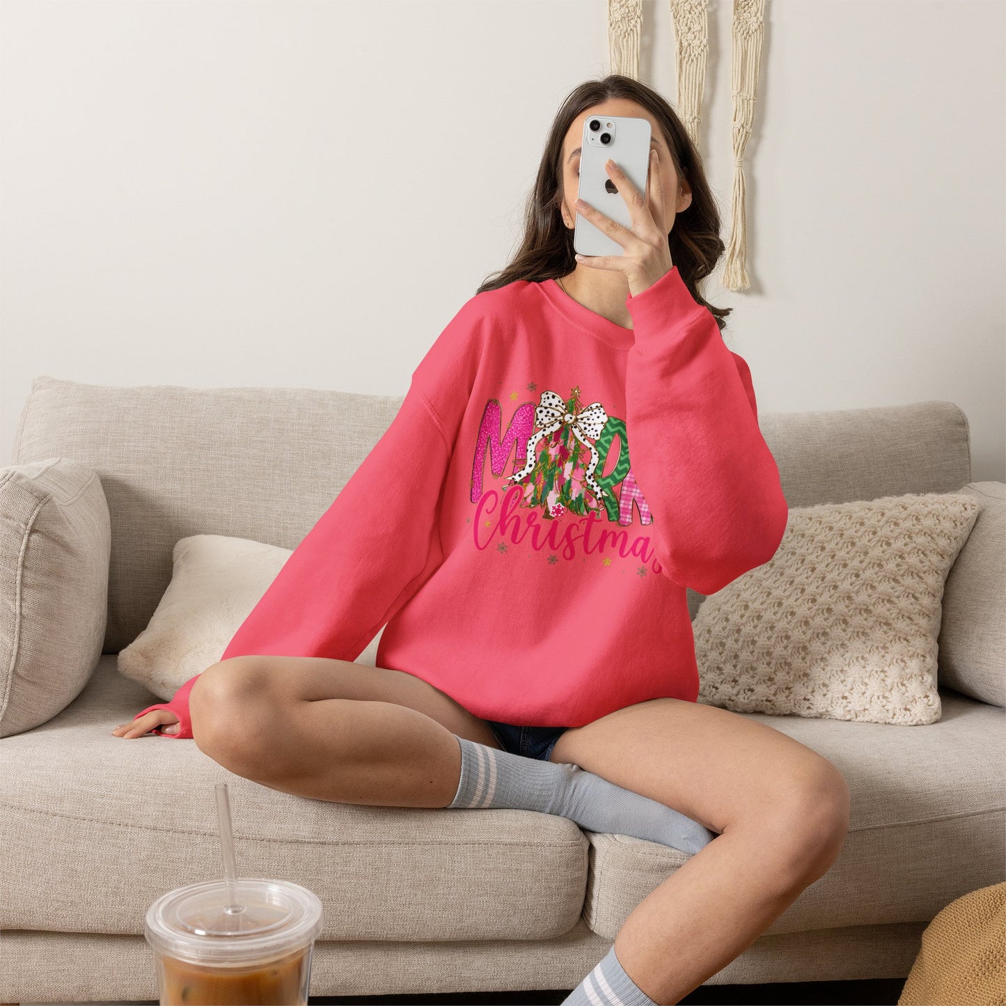Christmas Crewneck Sweatshirt — 'Merry Christmas' Pink & Green Tree Design