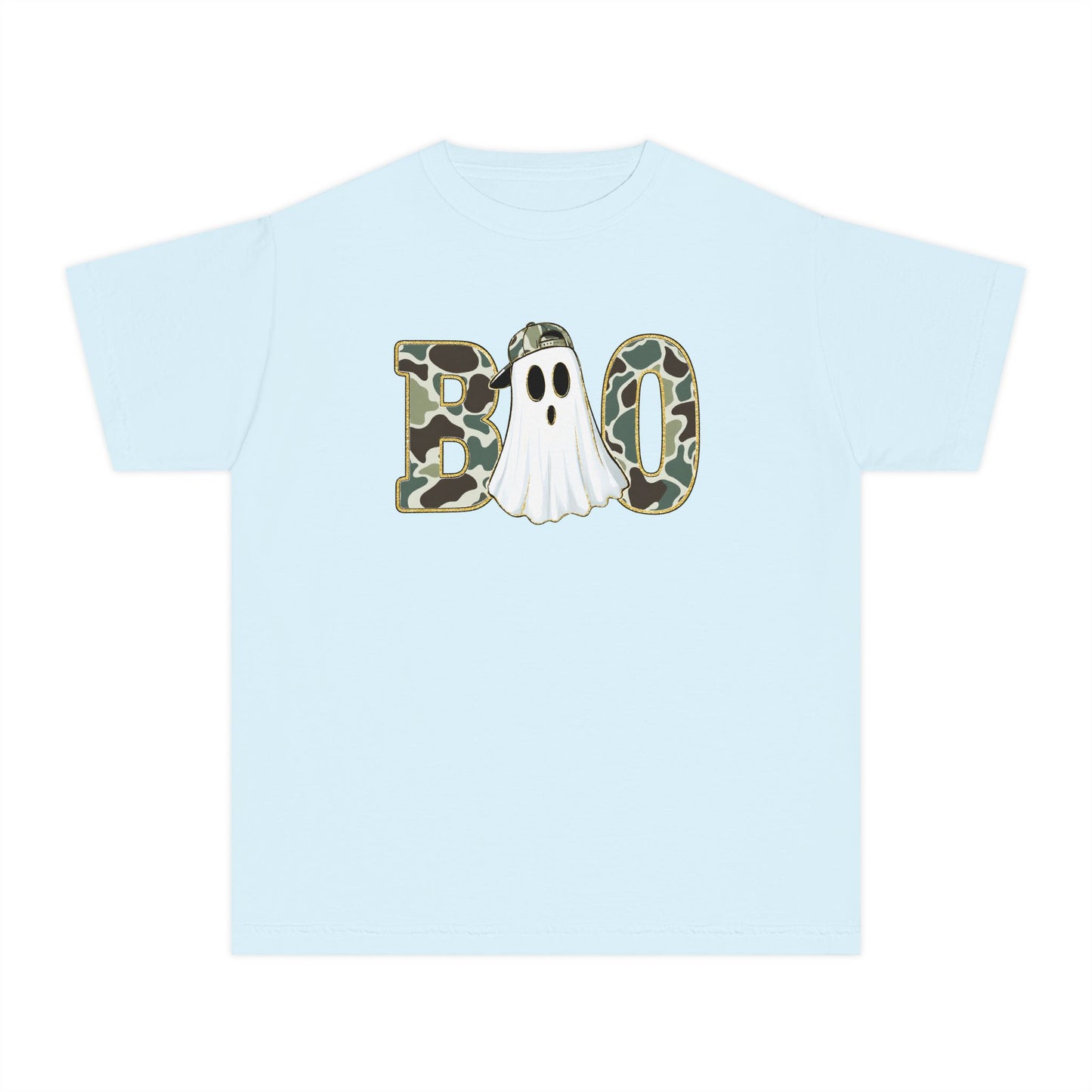 BOO Ghost Youth Tee — Camo Pattern Halloween Shirt for Kids