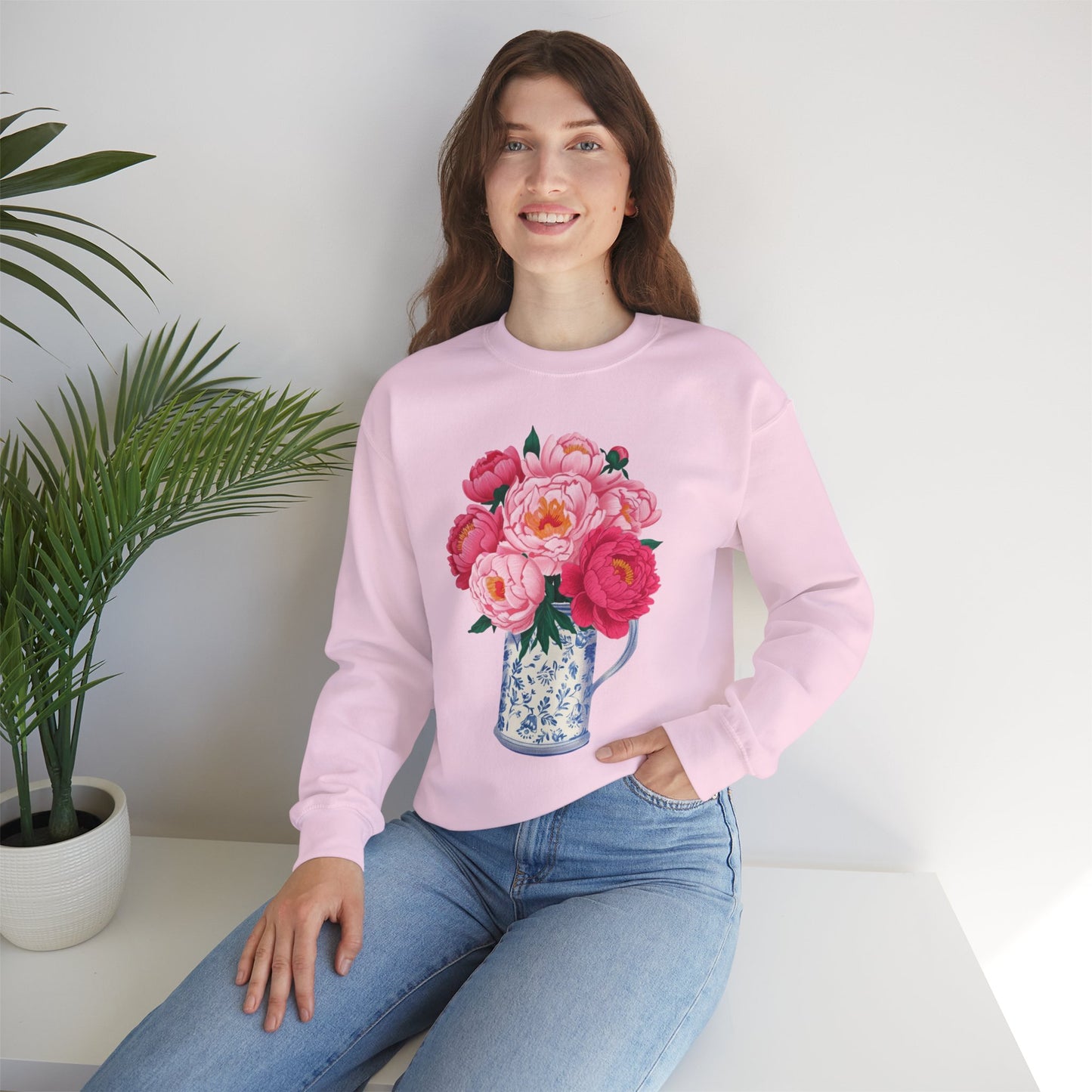 Pink Peonies in Blue Vintage Vase Floral Sweatshirt • Cottagecore Garden Bouquet Crewneck • Botanical Apparel