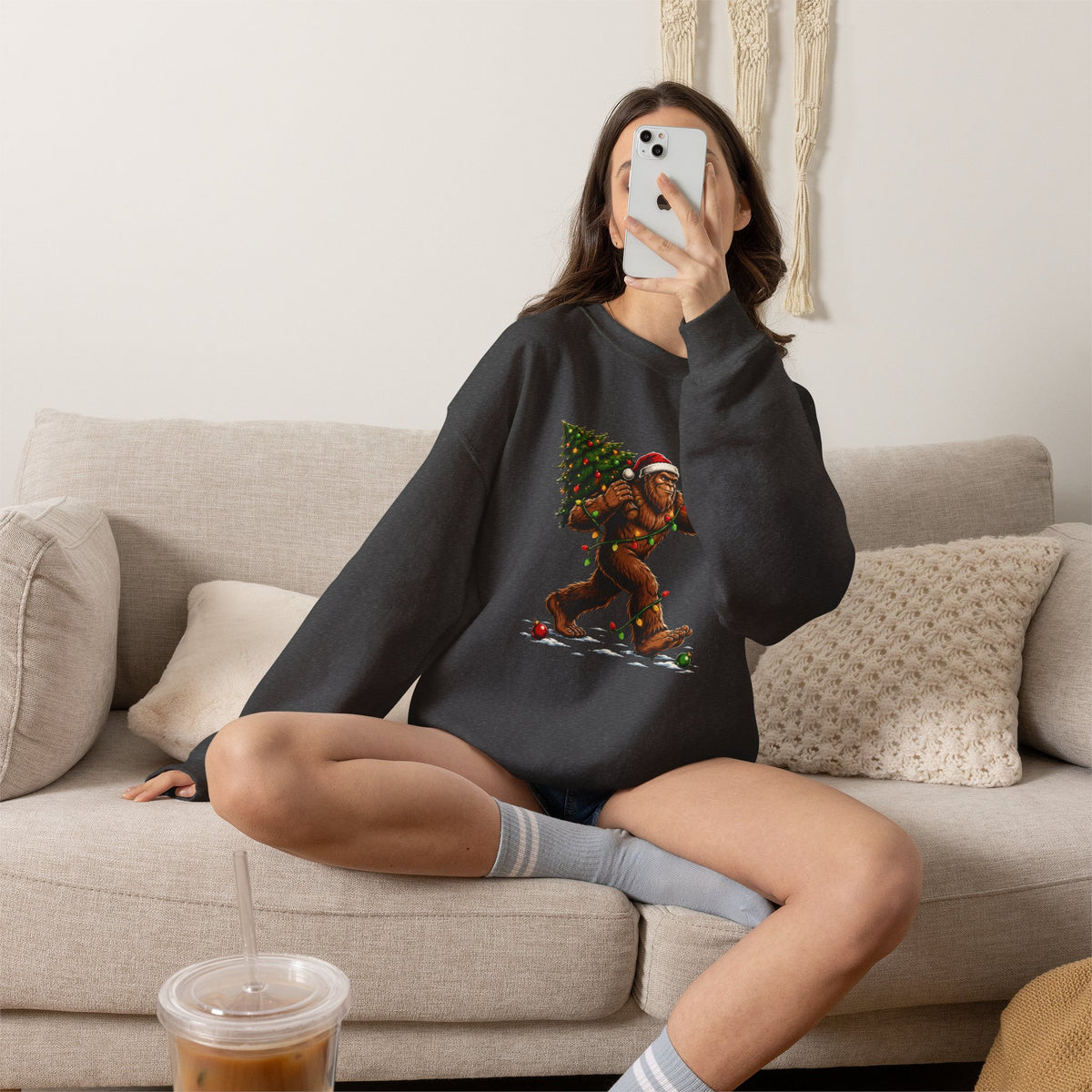 Sweatshirt — Holiday Sasquatch Carrying Christmas Tree Graphic Crewneck