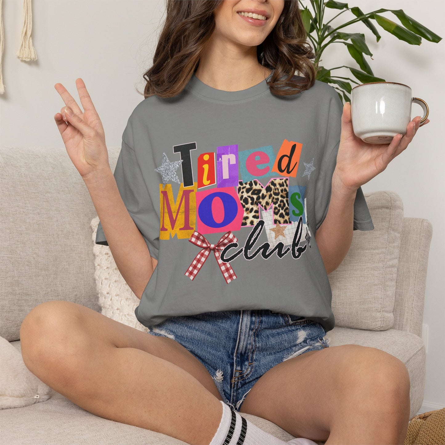 Tired Moms Club Shirt Women • Funny Mom Shirt • Trendy Patchwork Leopard Gingham Graphic Tee • Relatable Mom Outfit