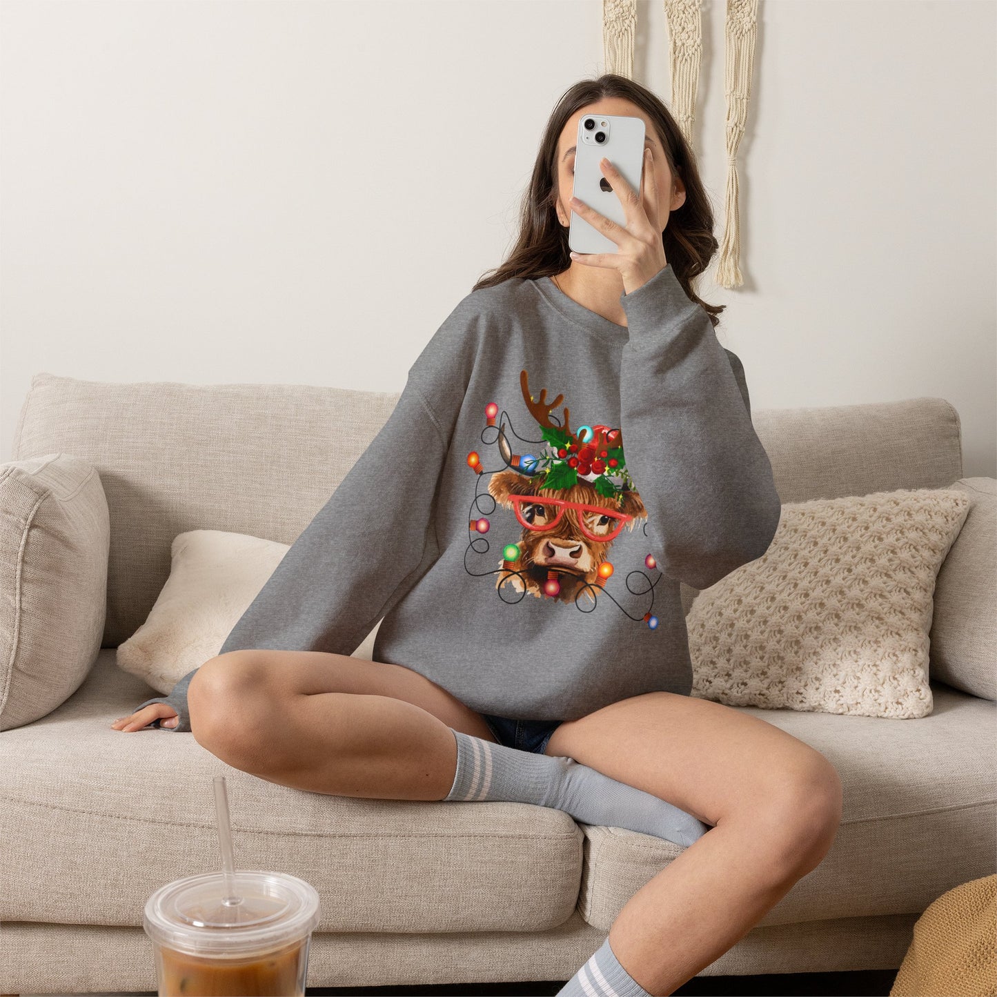 Christmas Highland Cow Crewneck Reindeer Sweatshirt – Festive Holiday Lights Design