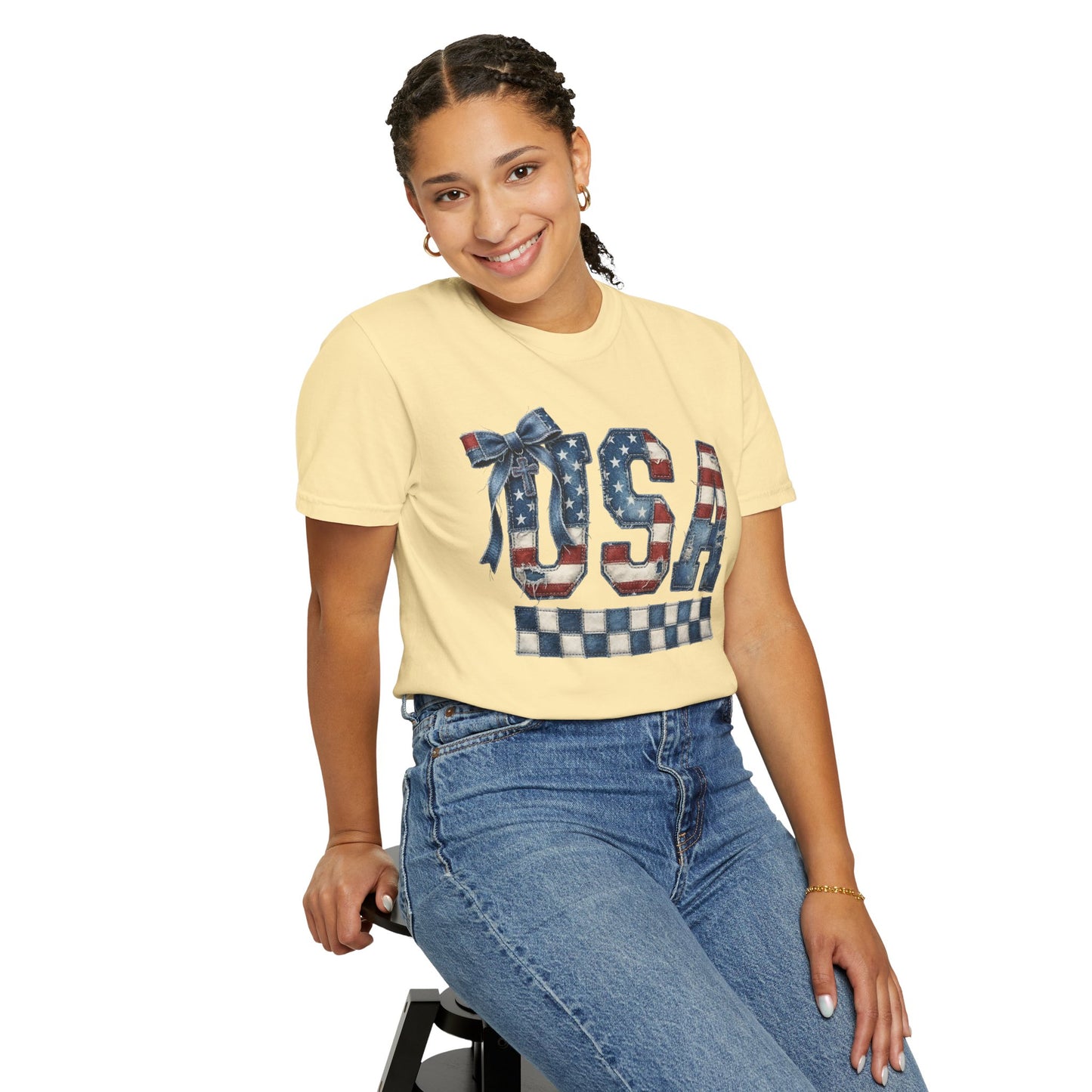 USA Patchwork Denim T-Shirt • Red White Blue Coquette Bow Tee • Americana Graphic Shirt