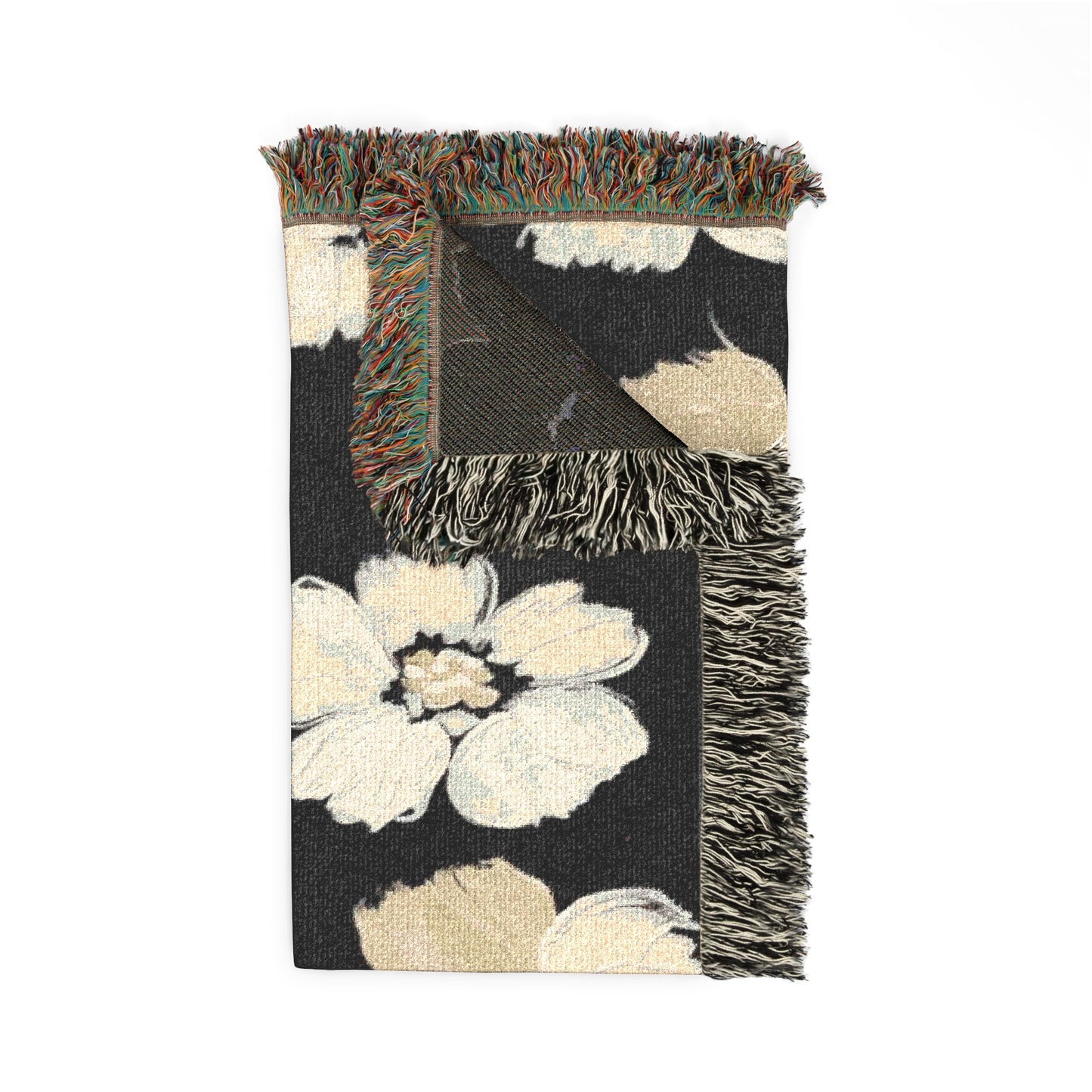 Black & White Painted Floral Woven Blanket — Monochrome Floral Throw