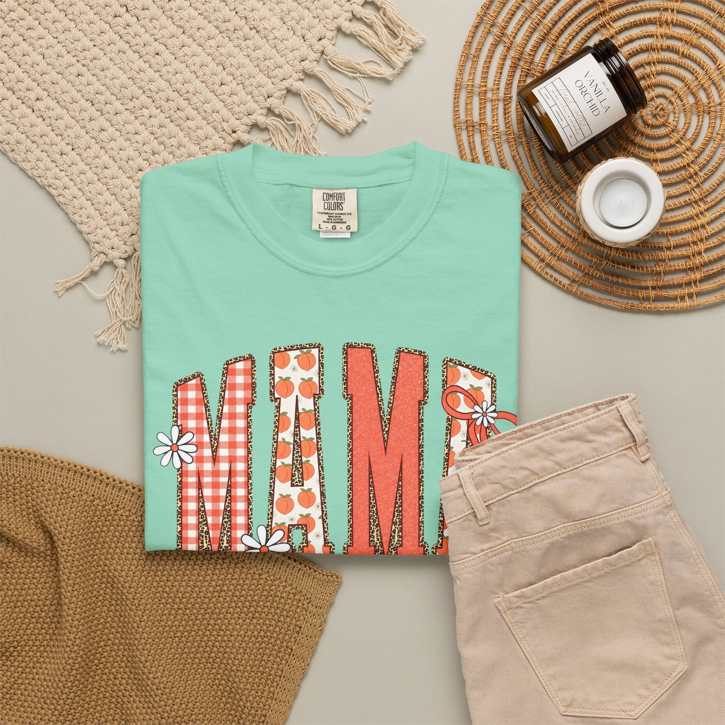 Daisy Peach MAMA Floral Shirt • Spring Graphic Tee • Peach Gingham Mom Shirt • Feminine Boutique Everyday Outfit