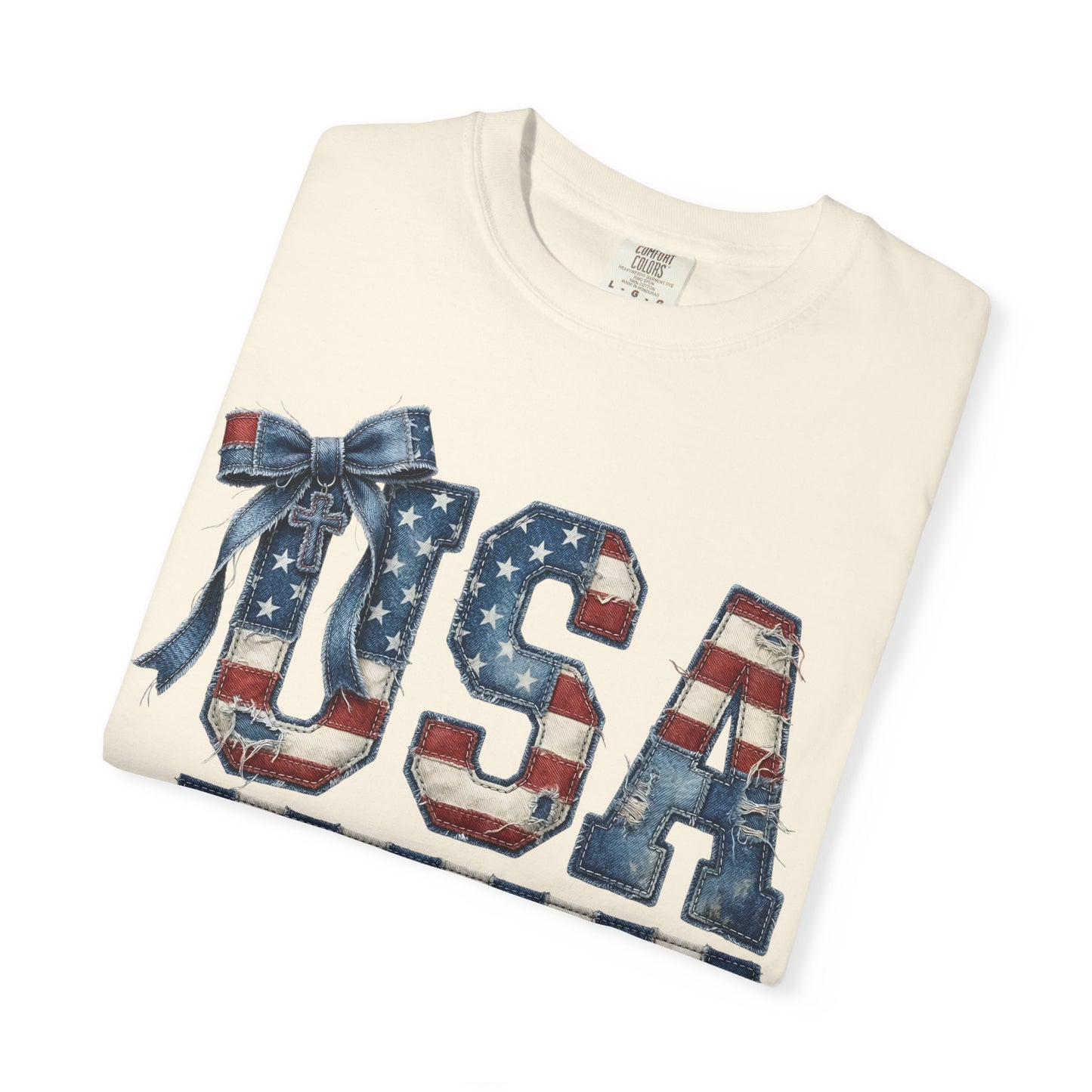 USA Patchwork Denim T-Shirt • Red White Blue Coquette Bow Tee • Americana Graphic Shirt