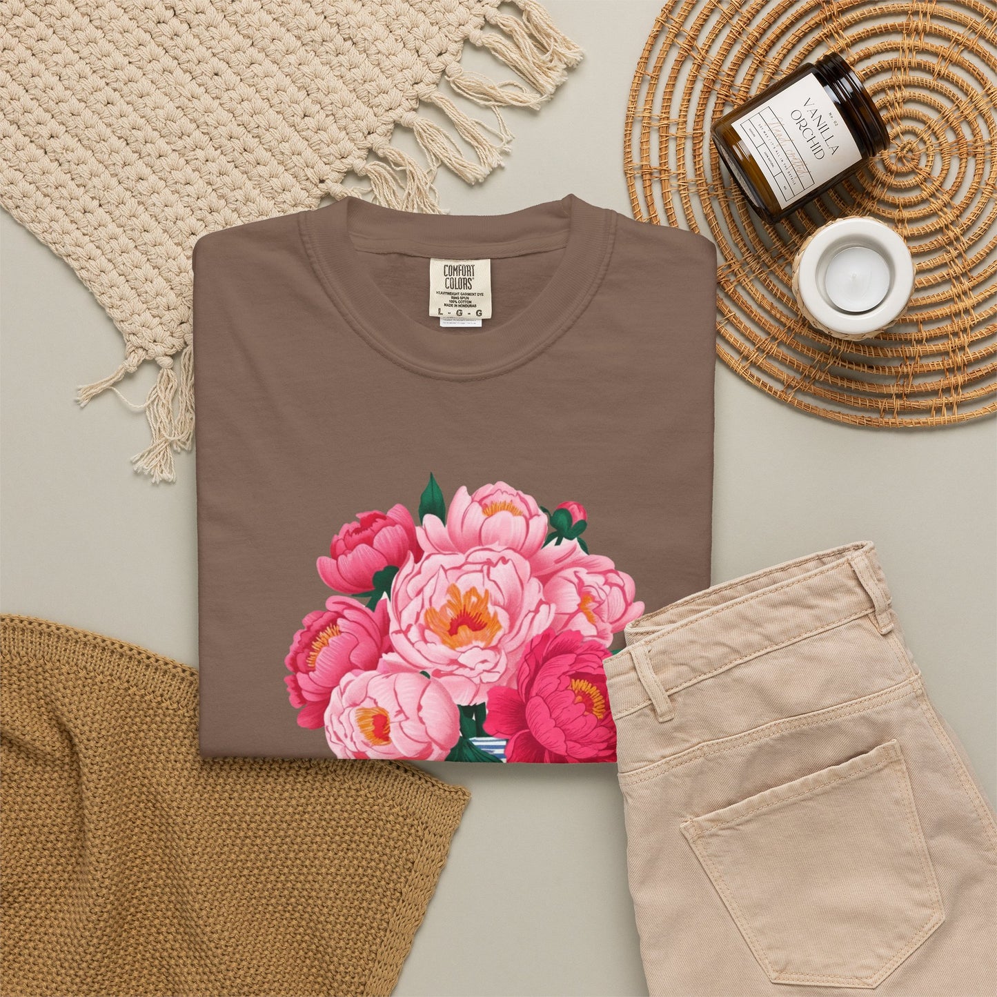 Peony Bouquet T-Shirt — Pink Peony in Vintage White & Blue Floral Vase