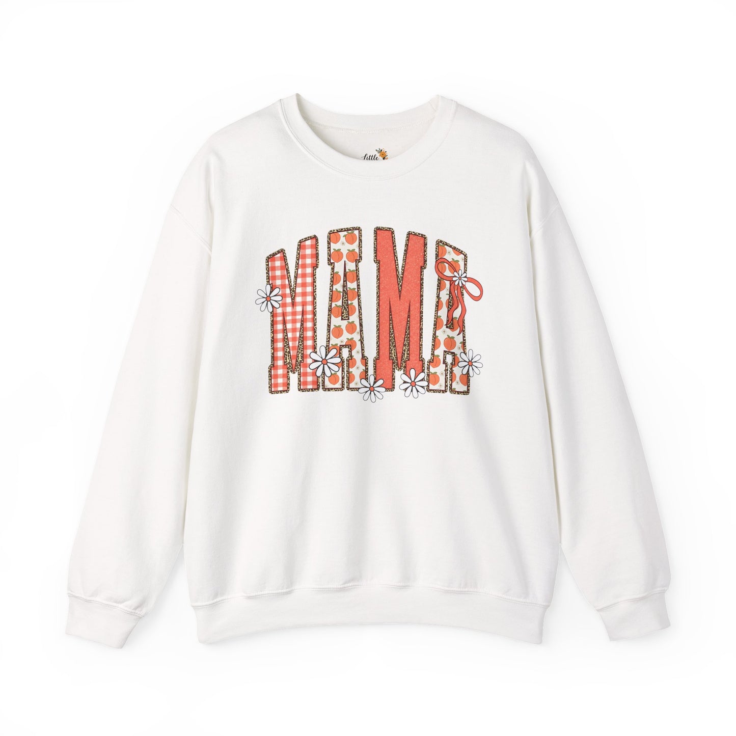 Daisy Peach MAMA Floral Sweatshirt • Spring Graphic Crew • Peach Gingham Mom pullover • Feminine Boutique Everyday Outfit
