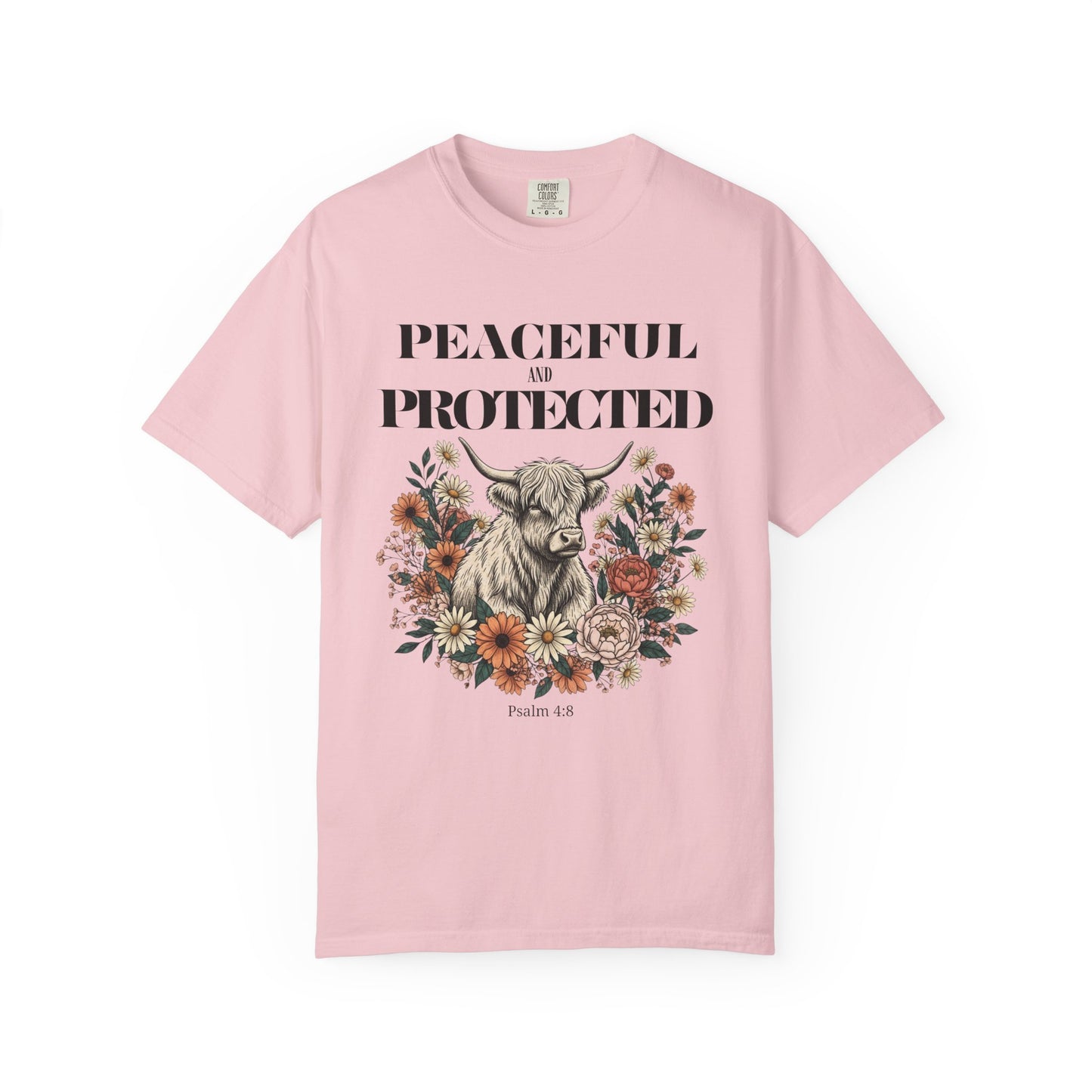 Peaceful and Protected Highland Cow Tee • Psalm 4:8 • Western Floral Faith Shirt