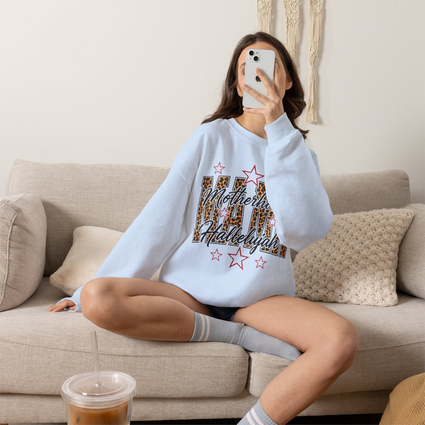 Motherhood Hallelujah Crewneck Sweatshirt — Leopard Flag Graphic