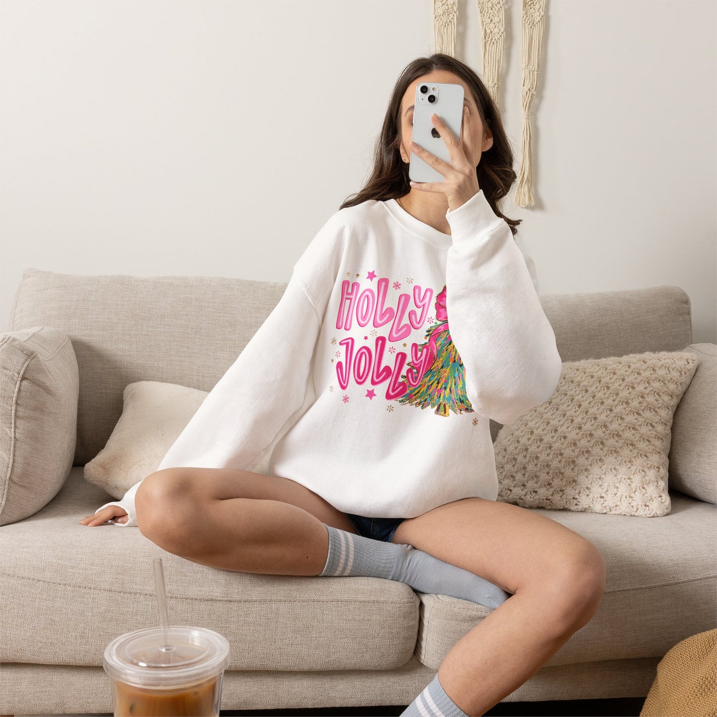 Holly Jolly Pink Christmas Tree Crewneck Sweatshirt