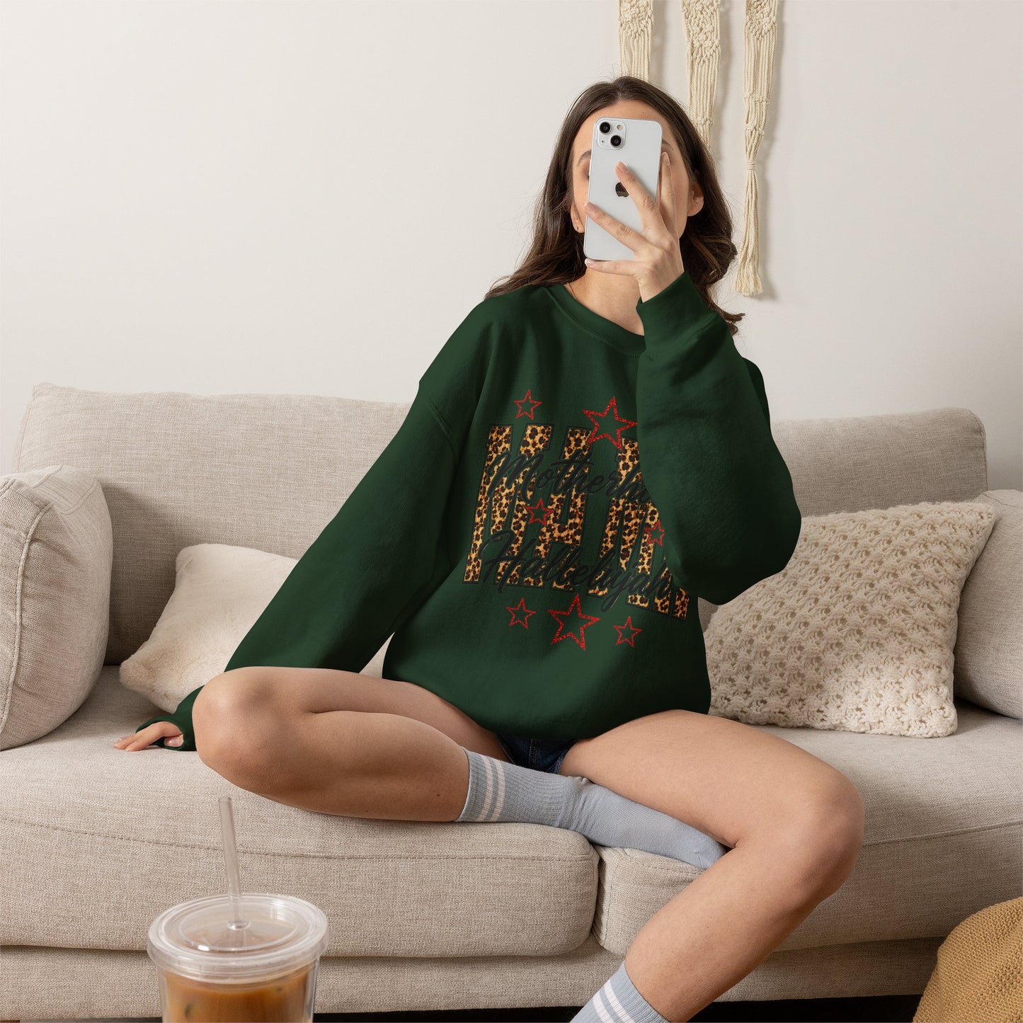Motherhood Hallelujah Crewneck Sweatshirt — Leopard Flag Graphic