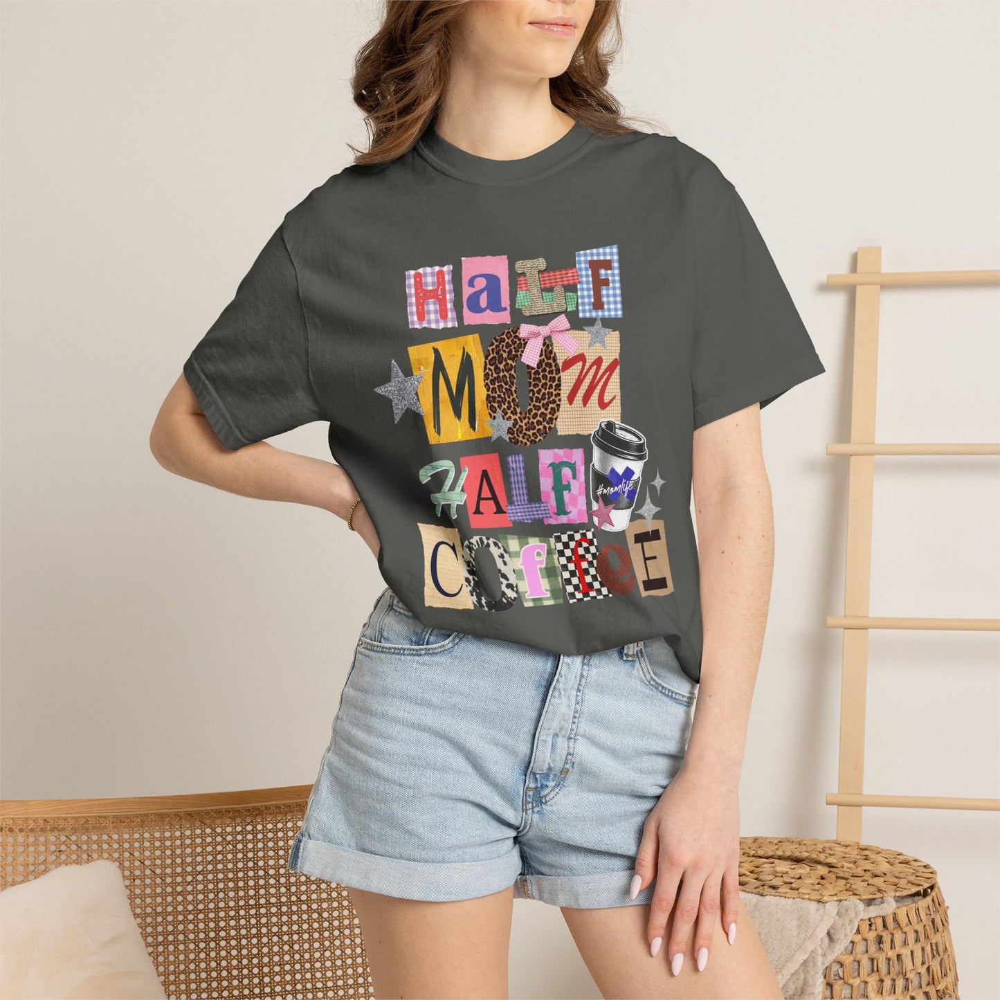Half Mom Half Coffee Graphic Tee • Funny Mom Shirt Women • Trendy Patchwork Mixed Print Leopard Gingham Tee • Mom Life Shirt