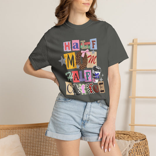 Half Mom Half Coffee Graphic Tee • Funny Mom Shirt Women • Trendy Patchwork Mixed Print Leopard Gingham Tee • Mom Life Shirt