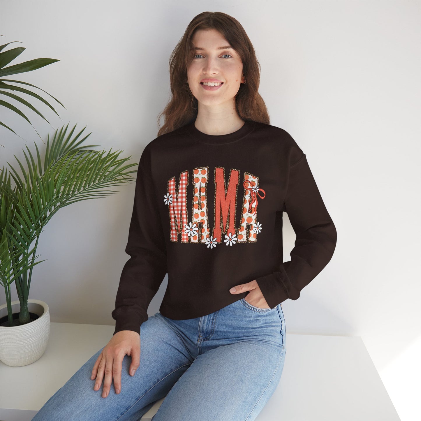 Daisy Peach MAMA Floral Sweatshirt • Spring Graphic Crew • Peach Gingham Mom pullover • Feminine Boutique Everyday Outfit