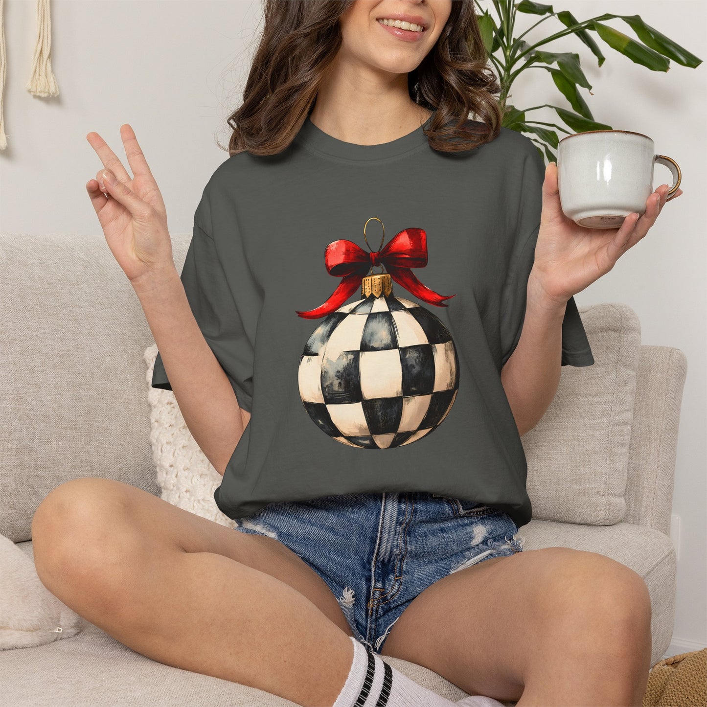 Checkerboard Ornament T-Shirt — Holiday Ball with Red Bow