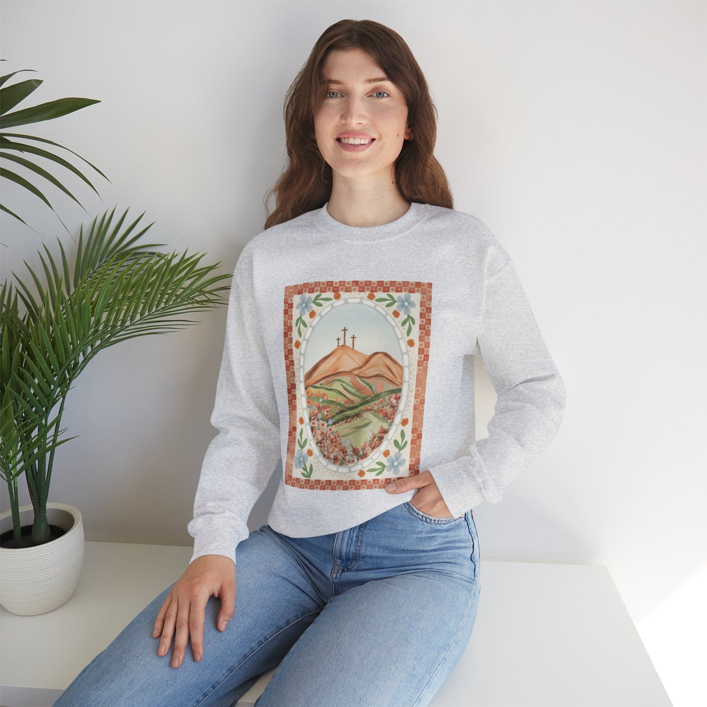 Easter Landscape Faith Sweatshirt (Front Only) • Christian Mountain Cross Crewneck • Floral Resurrection Scene Graphic