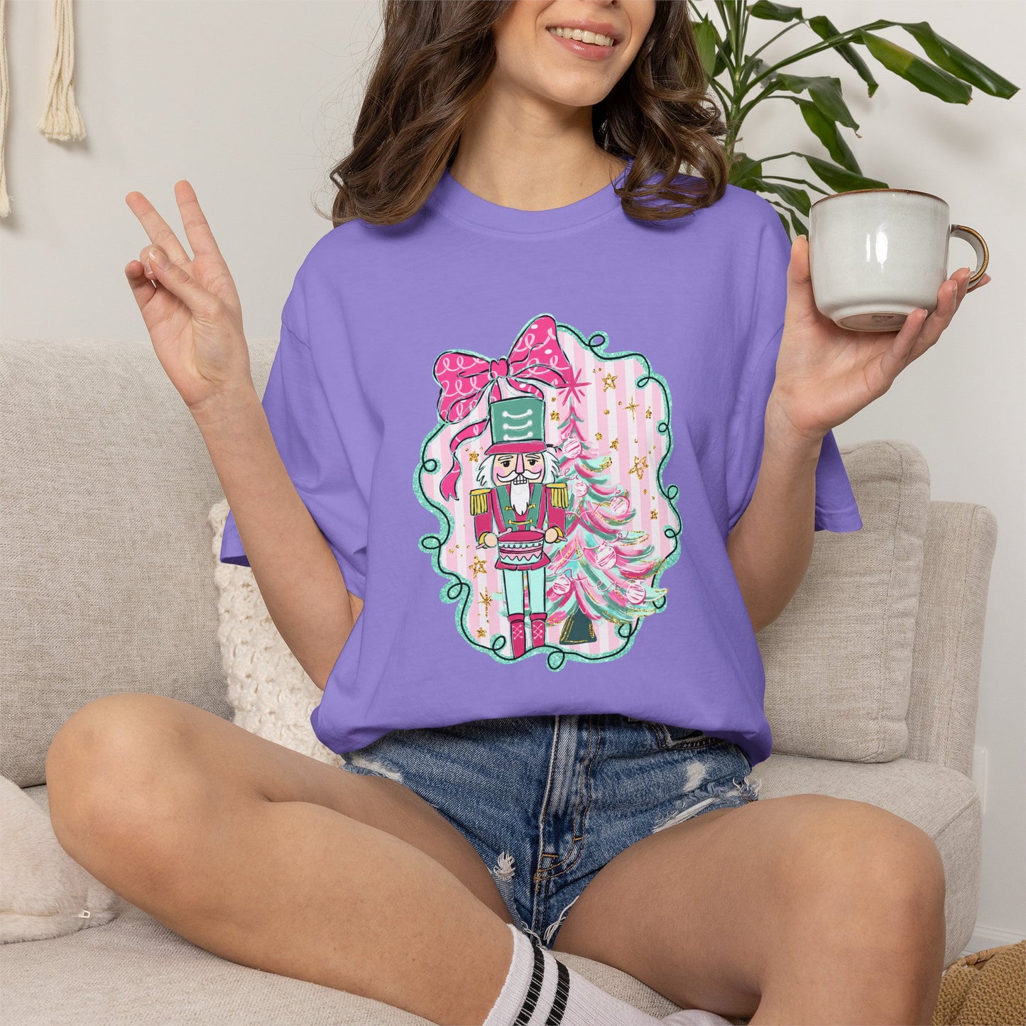 Nutcracker Christmas T-Shirt — Cute Pink Nutcracker with Ribbon Holiday Tee