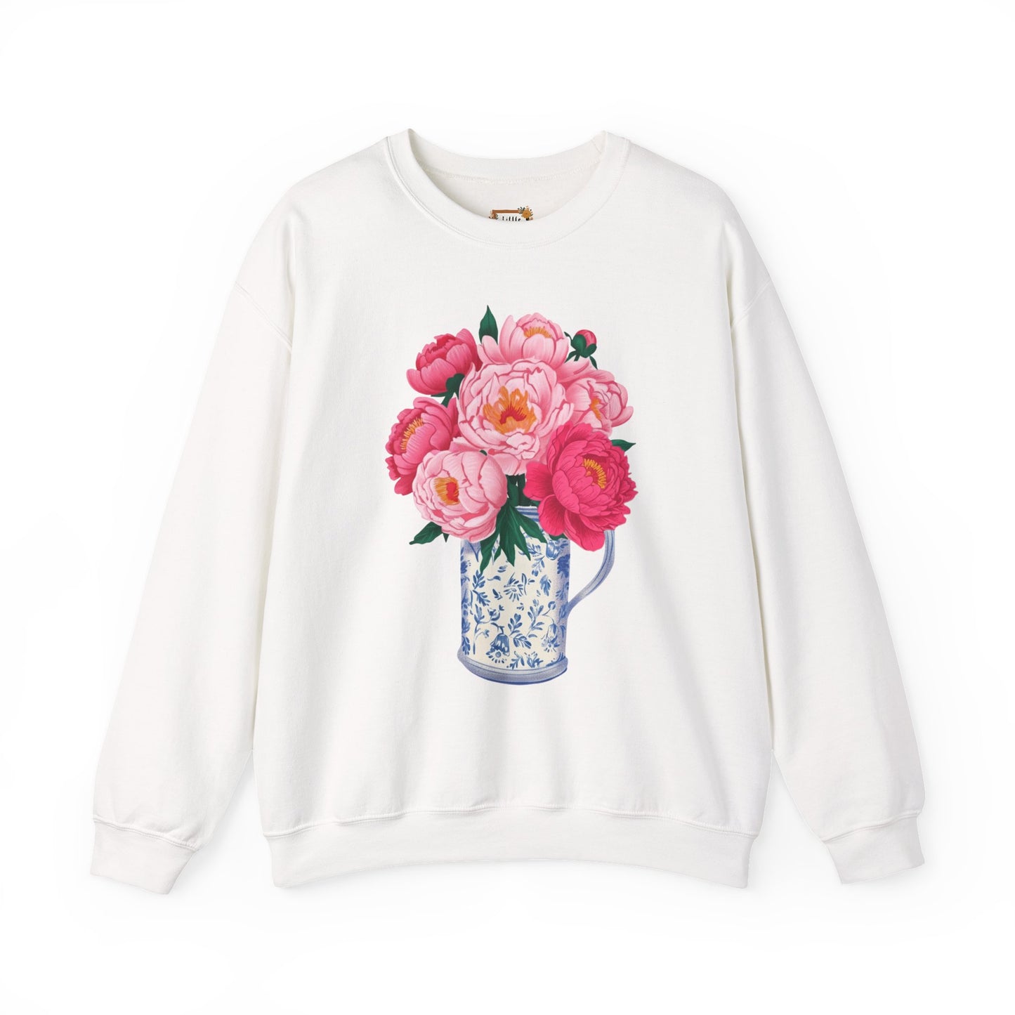 Pink Peonies in Blue Vintage Vase Floral Sweatshirt • Cottagecore Garden Bouquet Crewneck • Botanical Apparel