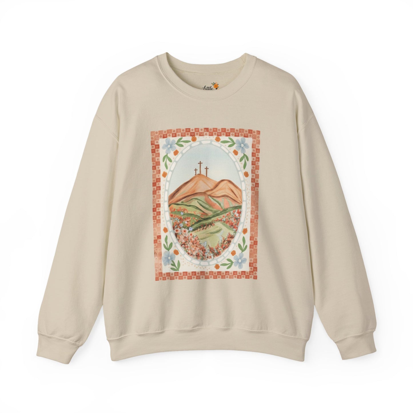 Easter Landscape Faith Sweatshirt (Front Only) • Christian Mountain Cross Crewneck • Floral Resurrection Scene Graphic