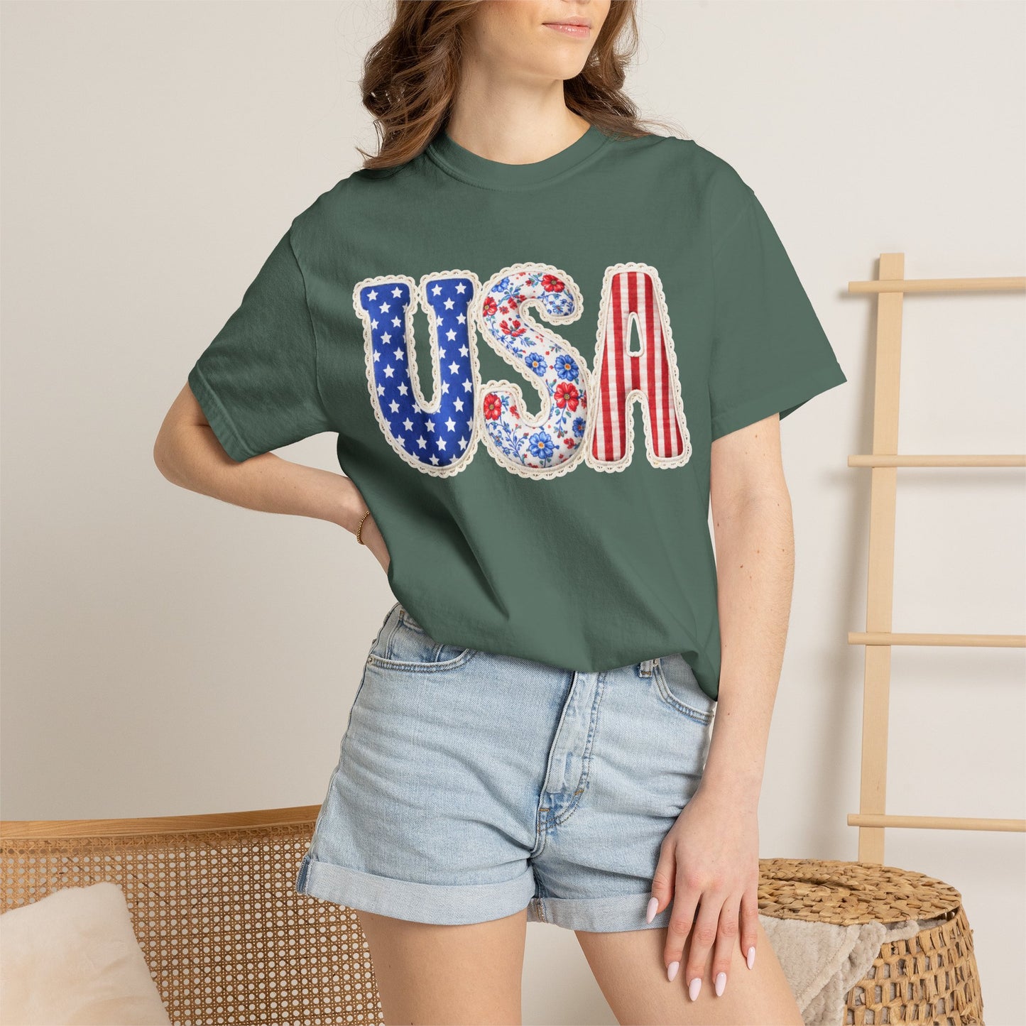 Floral Patchwork USA Shirt • Preppy Patriotic Tee • Vintage Americana Gingham Shirt • 4th of July Mom Outfit