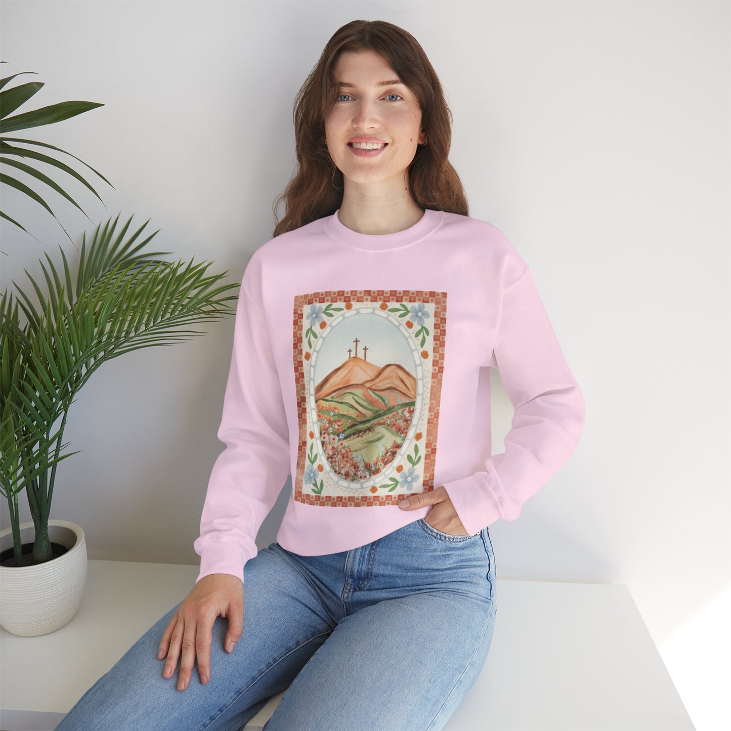 Easter Landscape Faith Sweatshirt (Front Only) • Christian Mountain Cross Crewneck • Floral Resurrection Scene Graphic