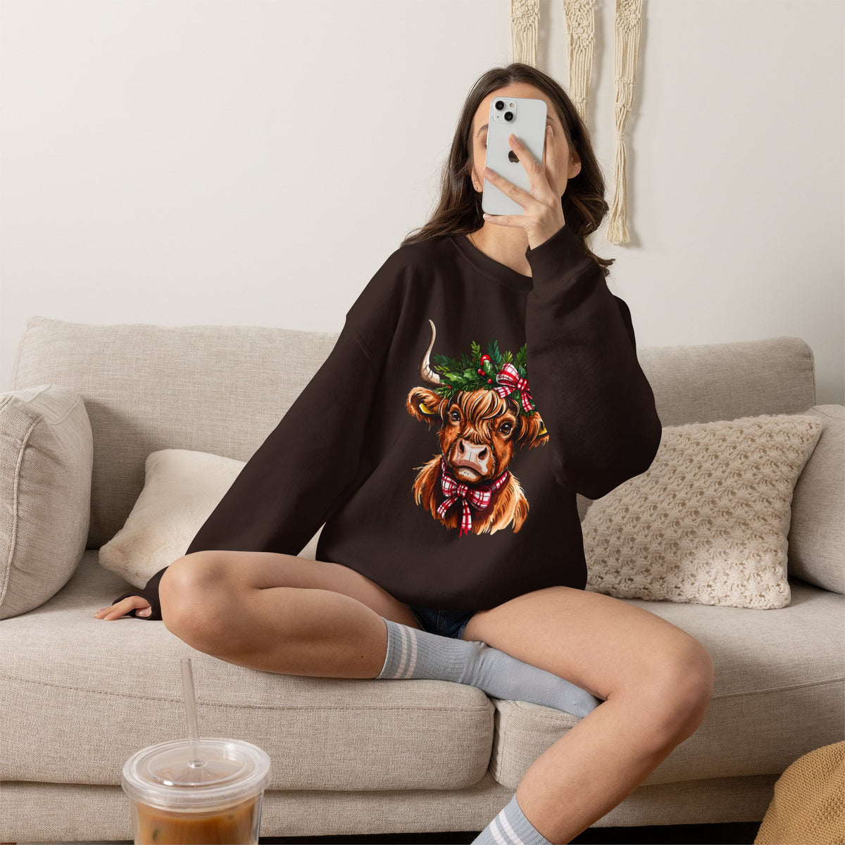 Highland Cow Christmas Sweatshirt - Festive Plaid Winter Cow Crewneck