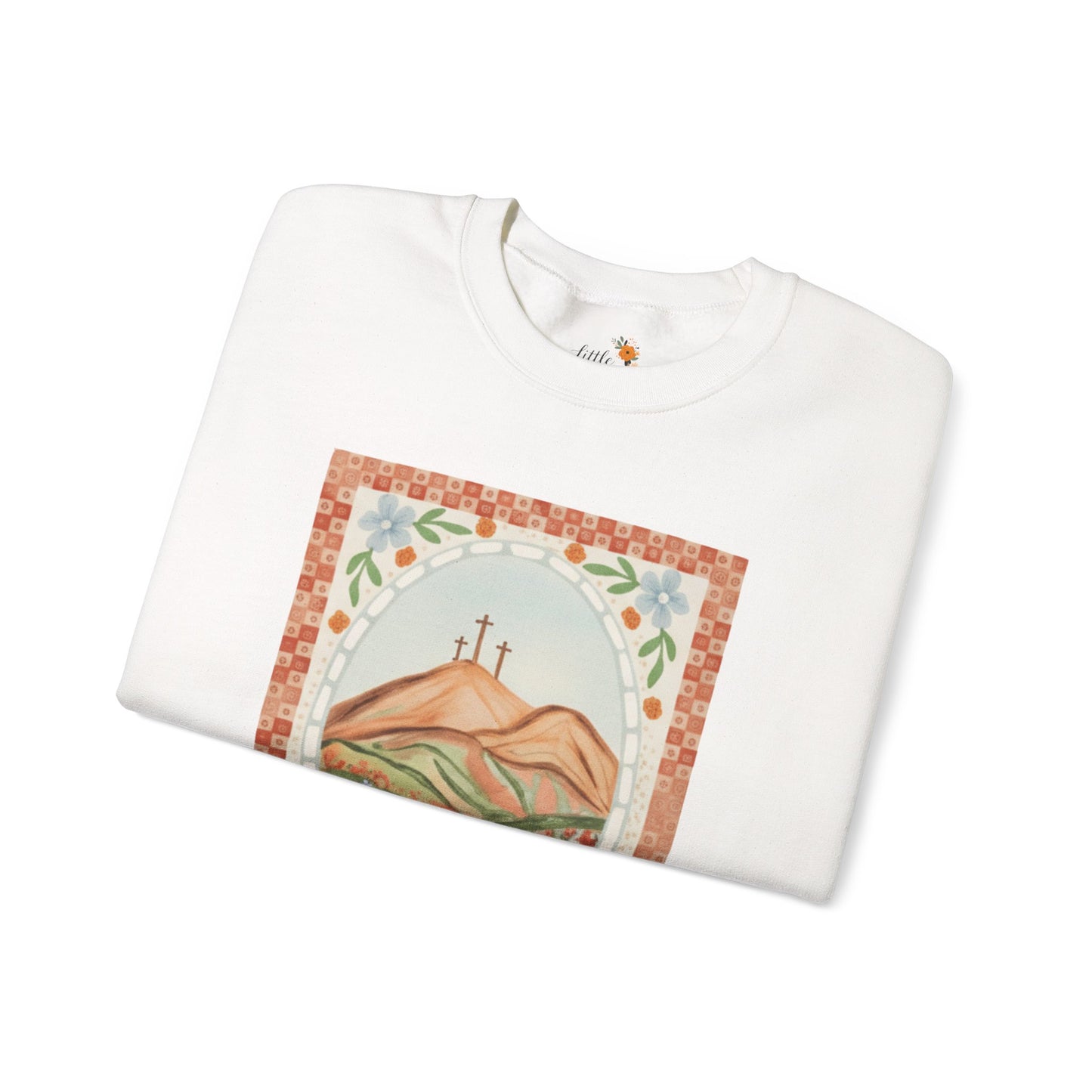 Easter Landscape Faith Sweatshirt (Front Only) • Christian Mountain Cross Crewneck • Floral Resurrection Scene Graphic