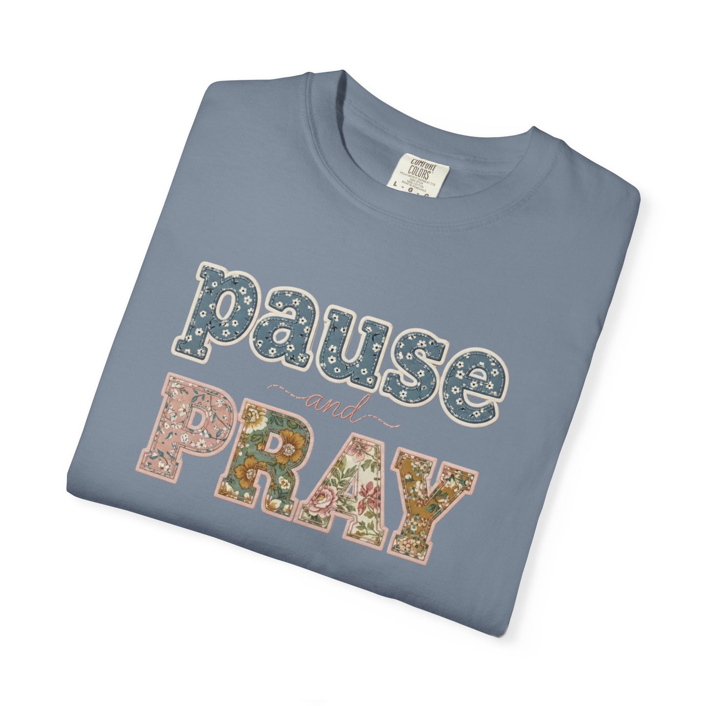 Pause and Pray Feux Patchwork Floral Scripture Tshirt • Vintage Cottagecore Christian Apparel for Women • Feminine Faith Aesthetic Tee