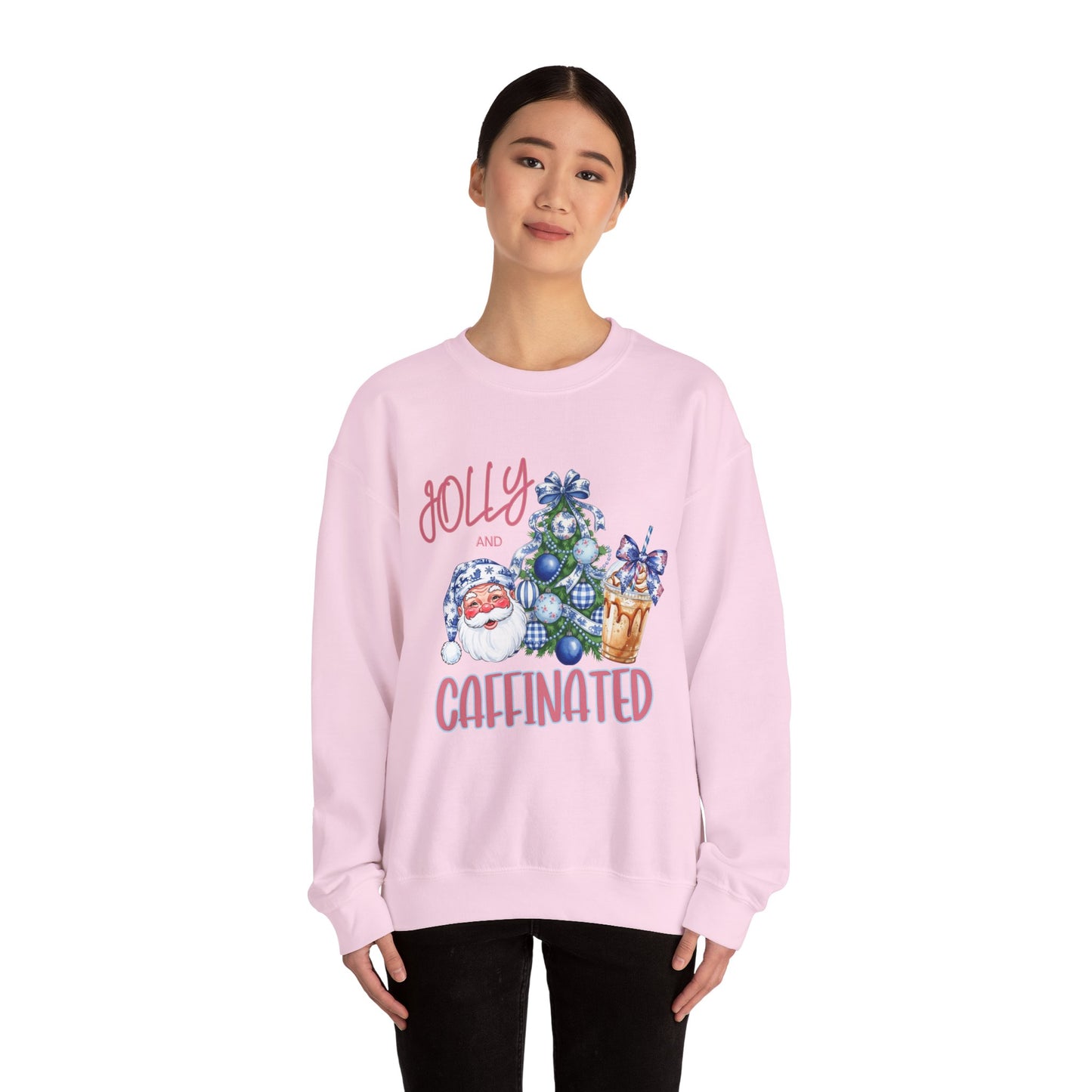 Jolly and Caffeinated Sweatshirt - Cozy Holiday Crewneck for Christmas, Winter, Gift, Festive Wear, Comfy Apparel