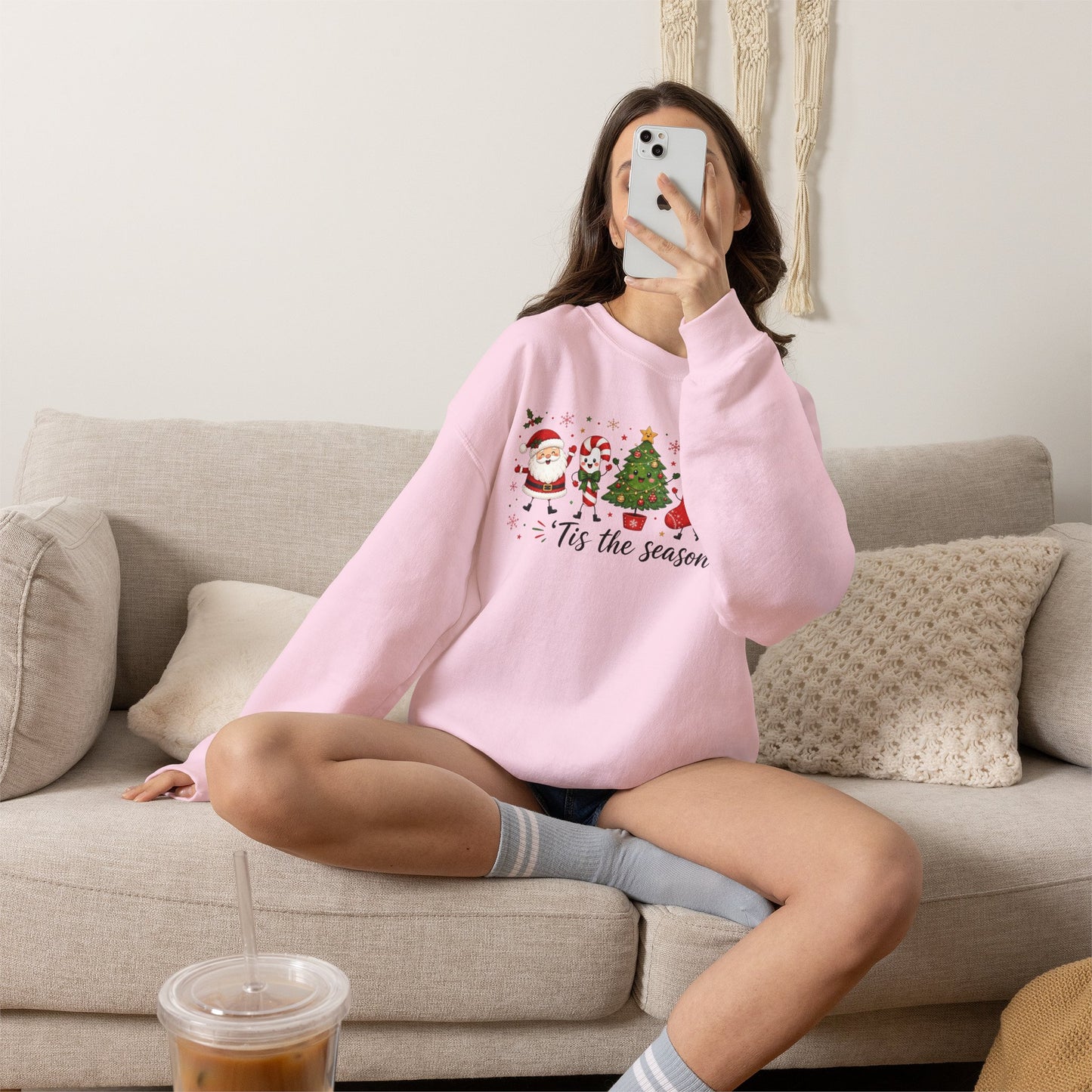 Christmas Crewneck Sweatshirt - 'Tis the Season' Holiday Sweatshirt with Santa & Tree Design