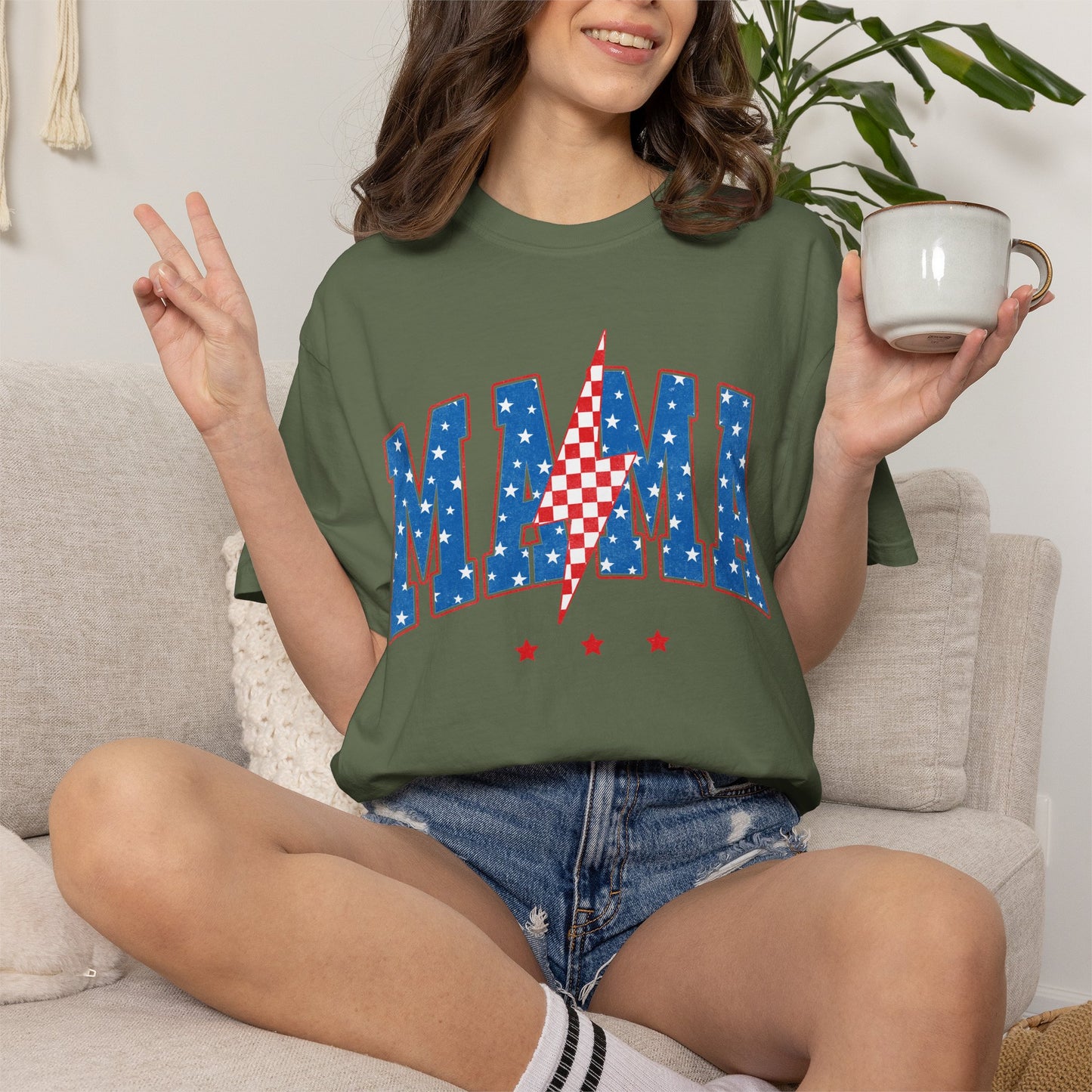 Patriotic MAMA Shirt • Lightning Bolt Mama Tee • Red White Blue Americana Graphic