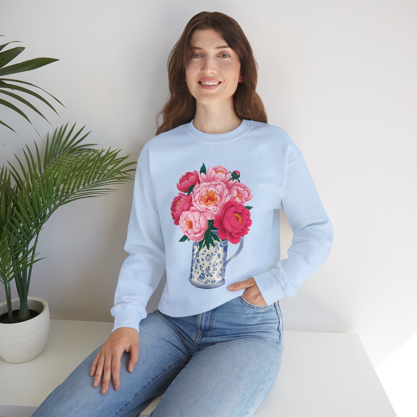 Pink Peonies in Blue Vintage Vase Floral Sweatshirt • Cottagecore Garden Bouquet Crewneck • Botanical Apparel