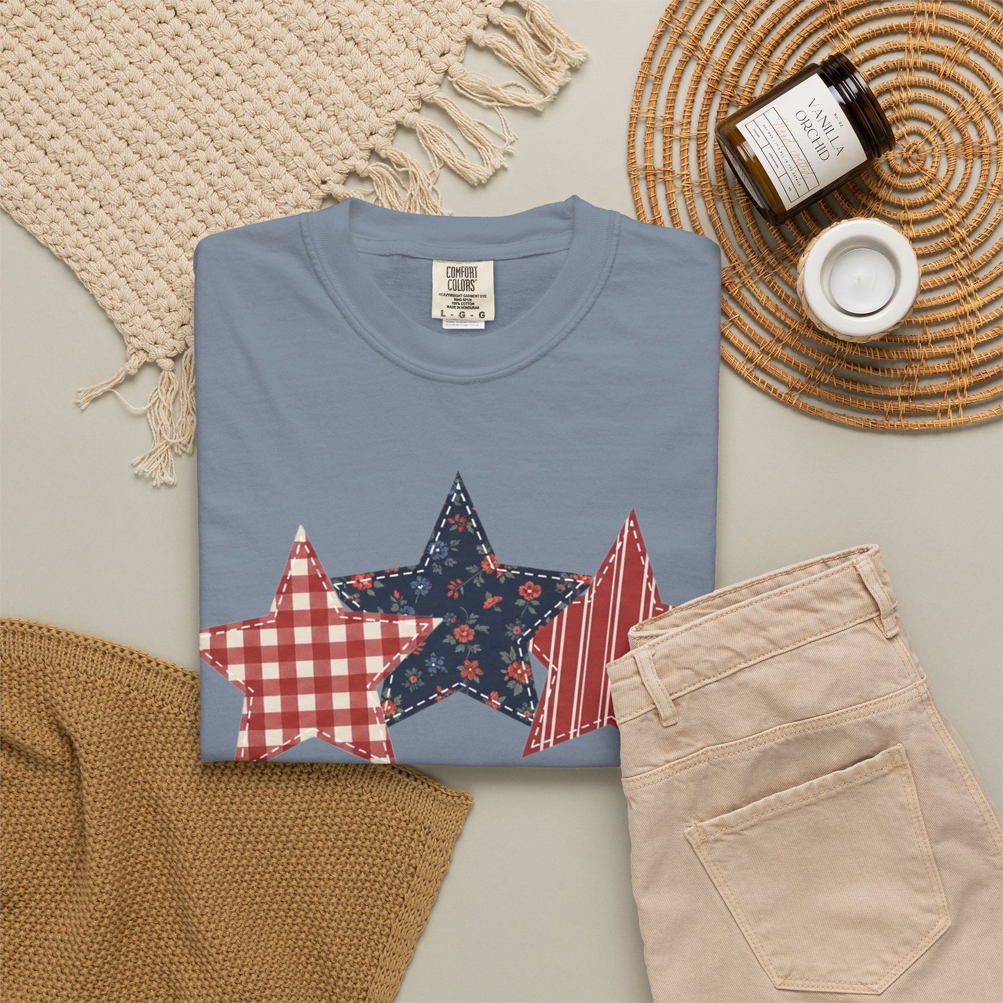 4th of July Patchwork Star T-Shirt for Summer nights • Floral Gingham Red White Blue USA Tee • Patriotic Outfit