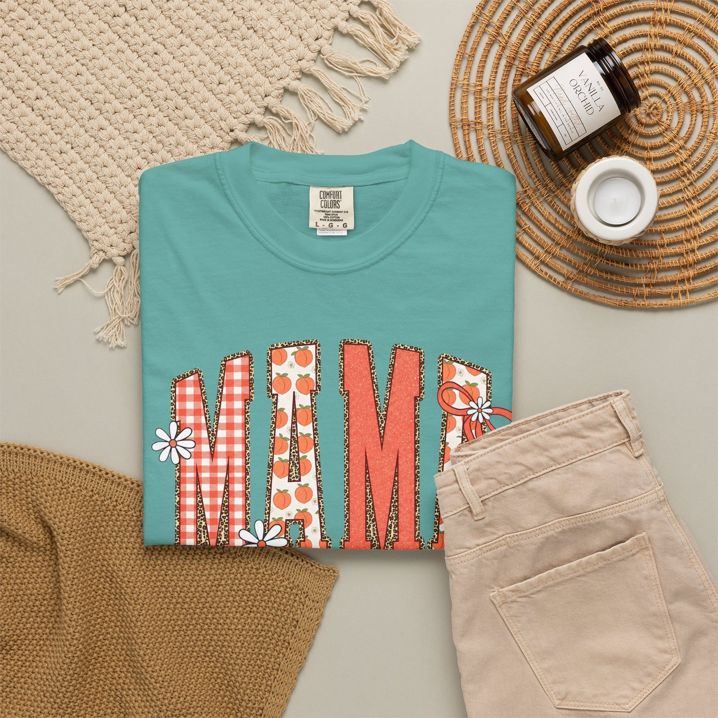 Daisy Peach MAMA Floral Shirt • Spring Graphic Tee • Peach Gingham Mom Shirt • Feminine Boutique Everyday Outfit