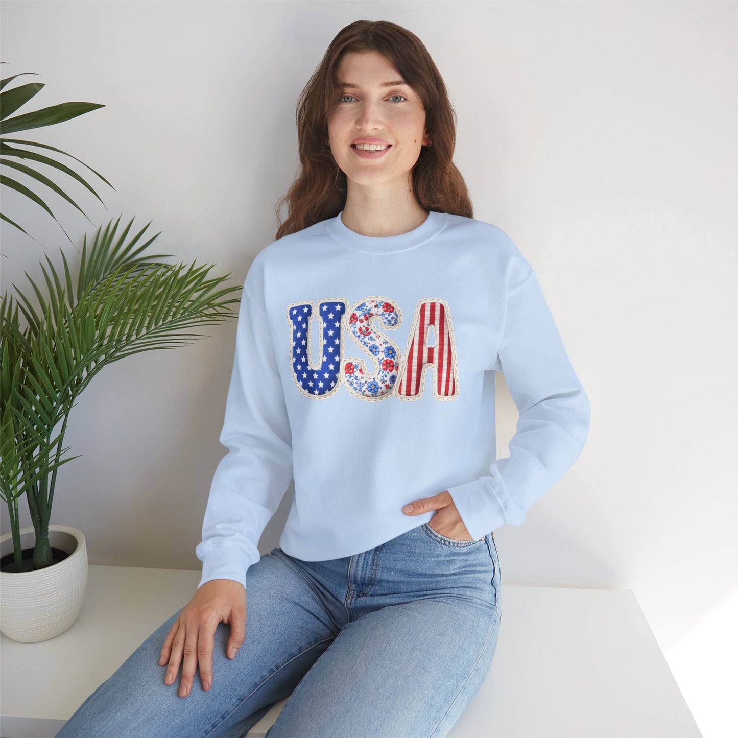 Floral Patchwork USA Crewneck • Preppy Patriotic Sweatshirt • Vintage Americana Gingham Sweatshirt • Cozy Summer Mom Outfit