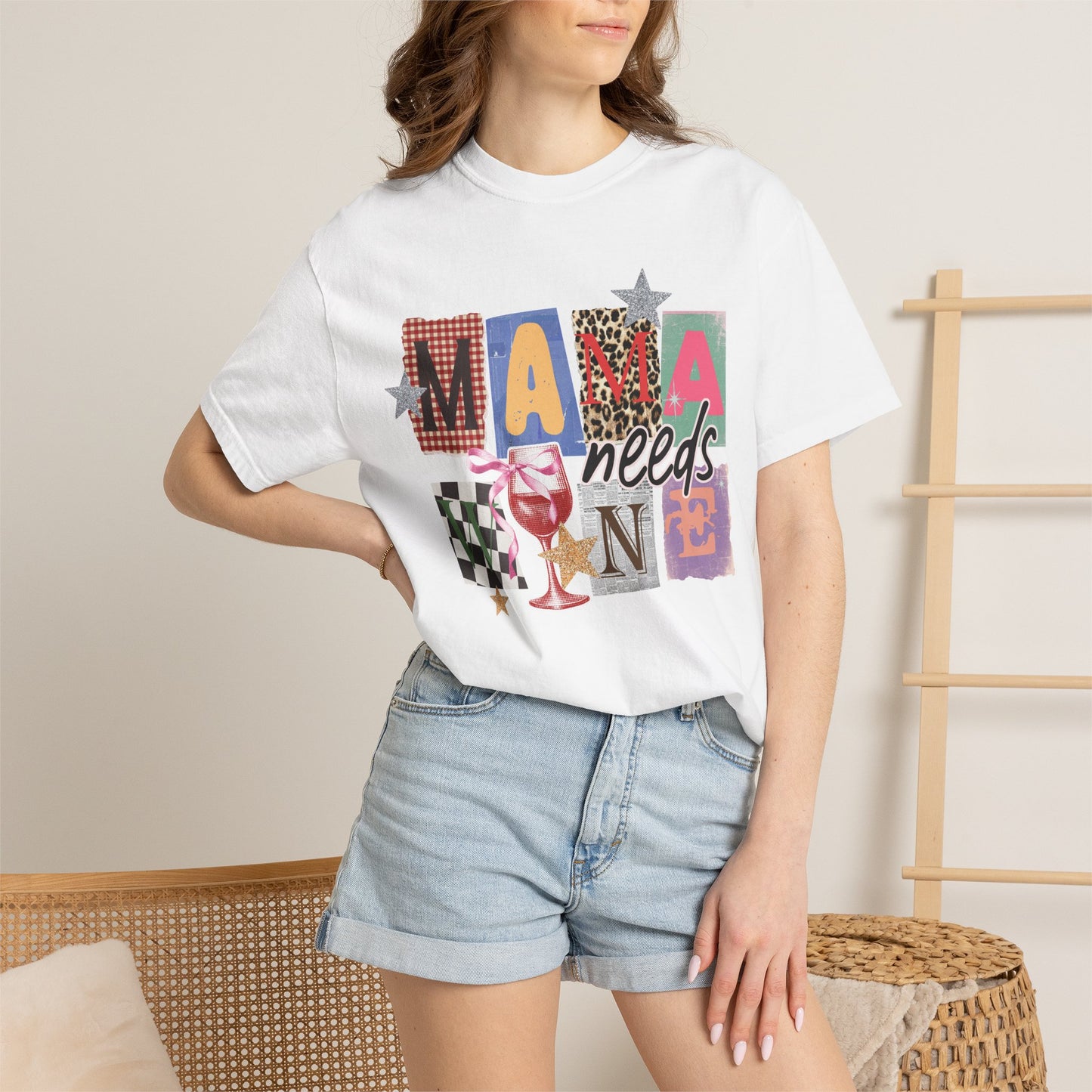 Mama Needs Wine Graphic Tee • Funny Mom Shirt Women • Trendy Patchwork Mixed Print Leopard Gingham Tee • Mom Life Shirt