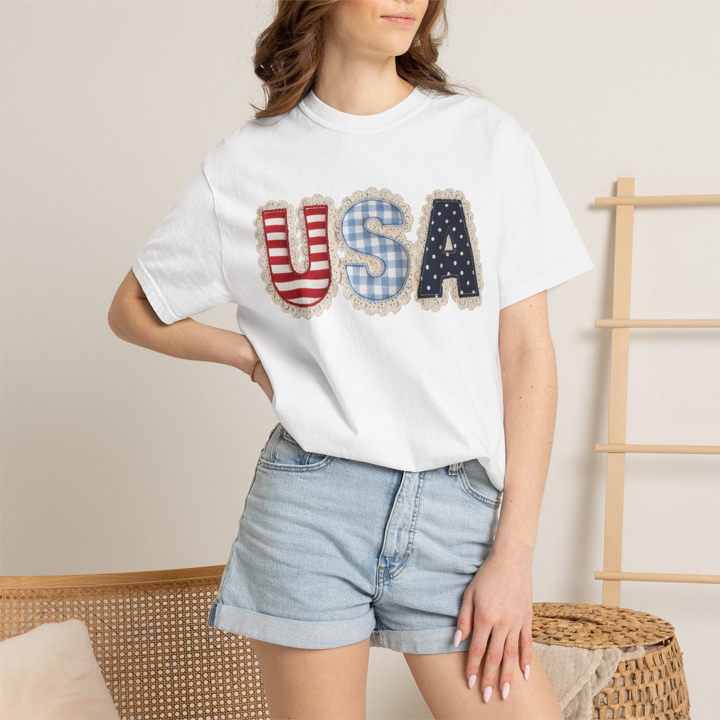 USA Patchwork Shirt • Preppy Patriotic Tee • Coquette Americana Top • Red White Blue Outfit Shirt