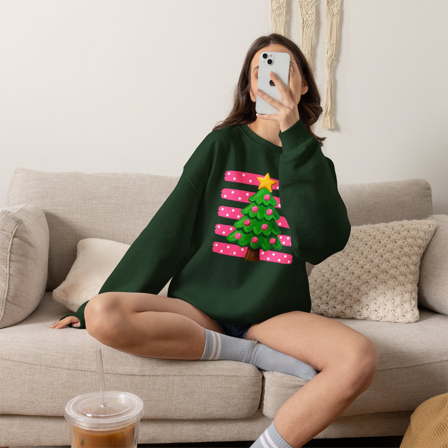 Preppy Pink Christmas Tree Sweatshirt - Pink Striped Holiday Crewneck