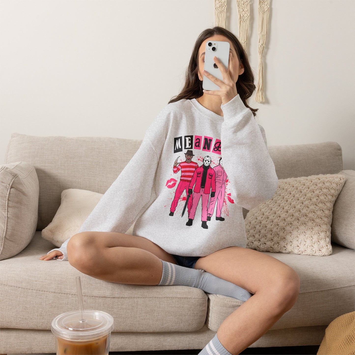 Mean Boys Crewneck Sweatshirt — Retro Pink Graphic Pullover