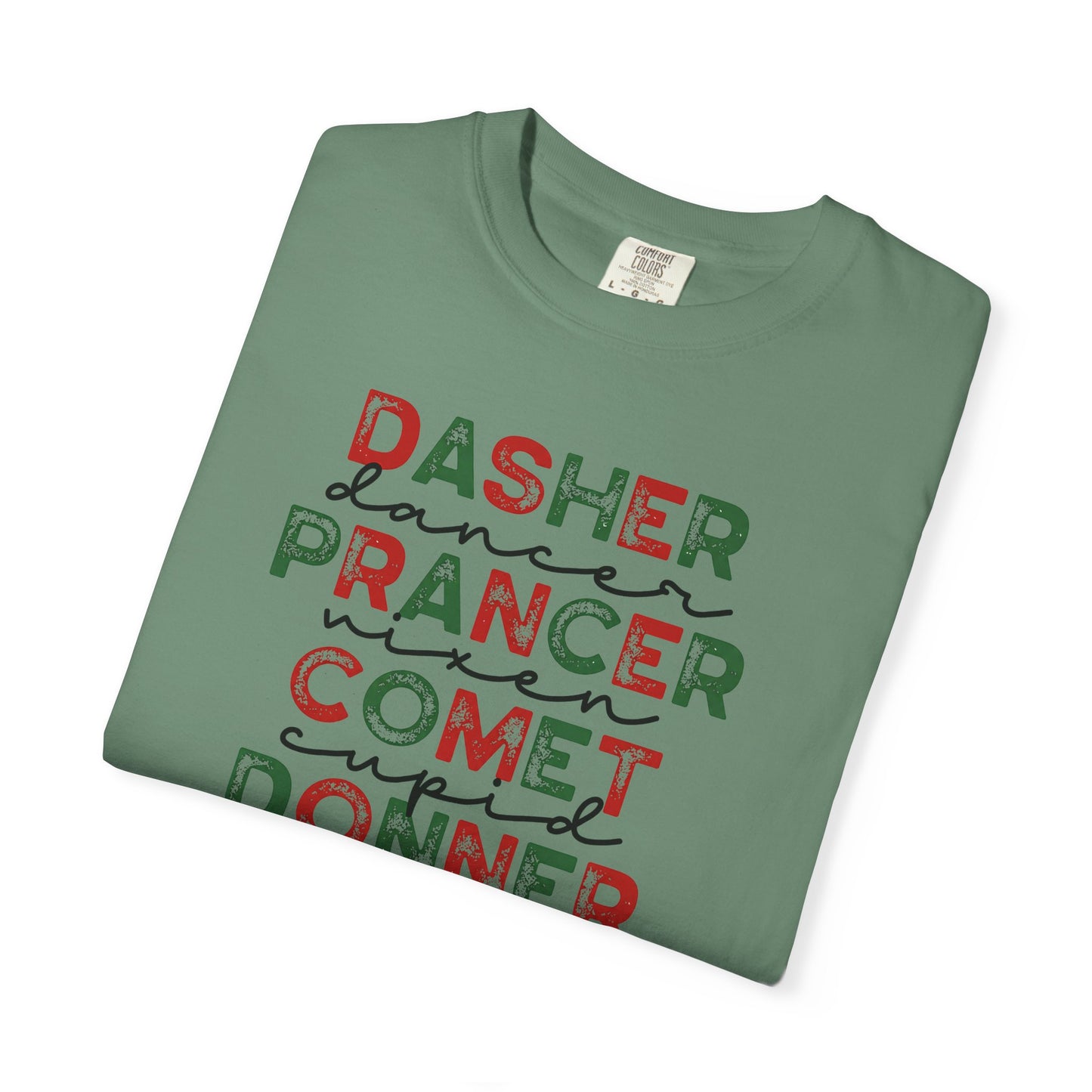 Reindeer Names Christmas T-Shirt — Dasher, Dancer, Prancer, Vixen, Comet, Cupid, Donner, Rudolph