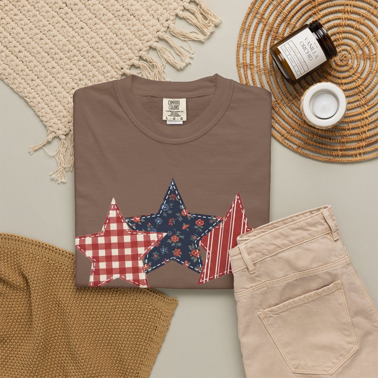4th of July Patchwork Star T-Shirt for Summer nights • Floral Gingham Red White Blue USA Tee • Patriotic Outfit
