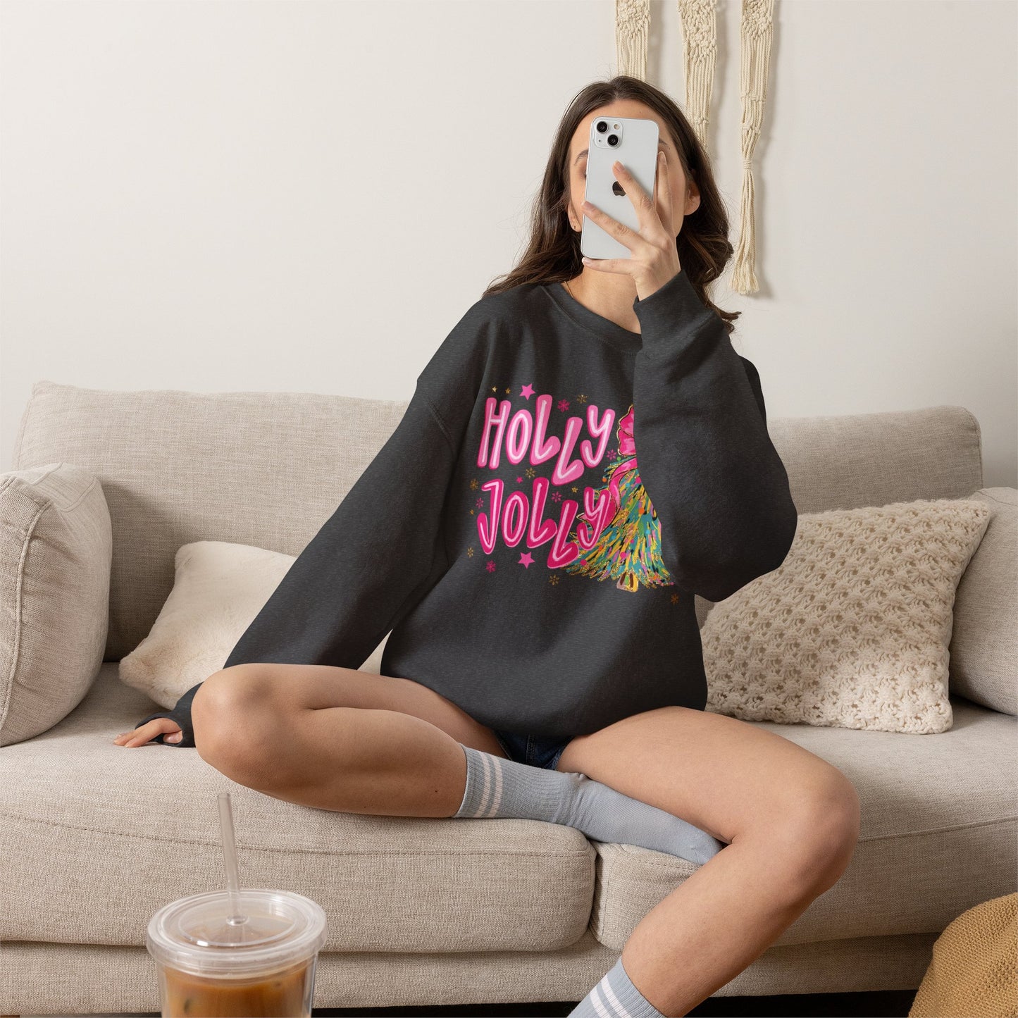 Holly Jolly Pink Christmas Tree Crewneck Sweatshirt