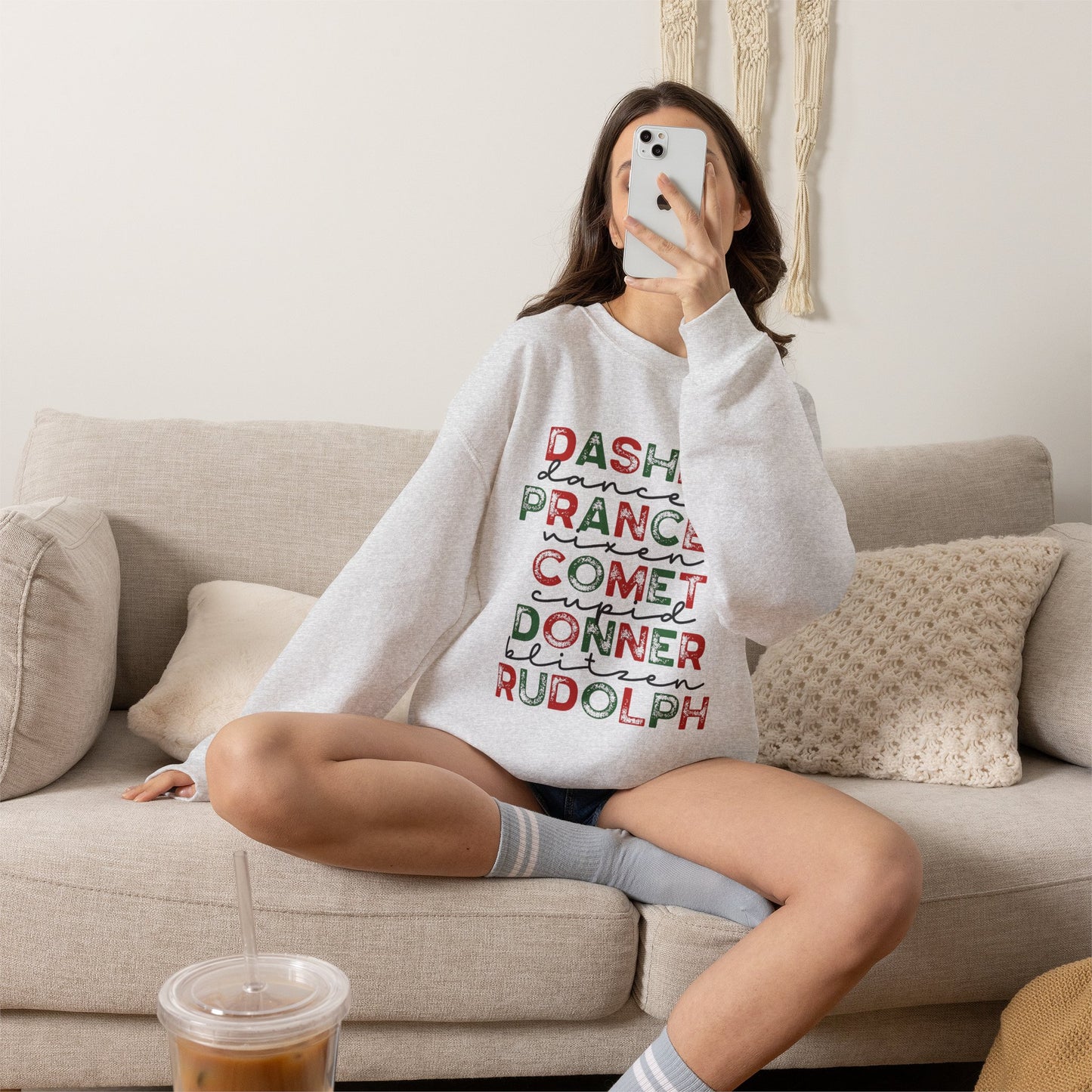 Christmas Reindeer Names Crewneck Sweatshirt — Dasher, Dancer, Prancer, Comet, Donner, Blitzen, Rudolph