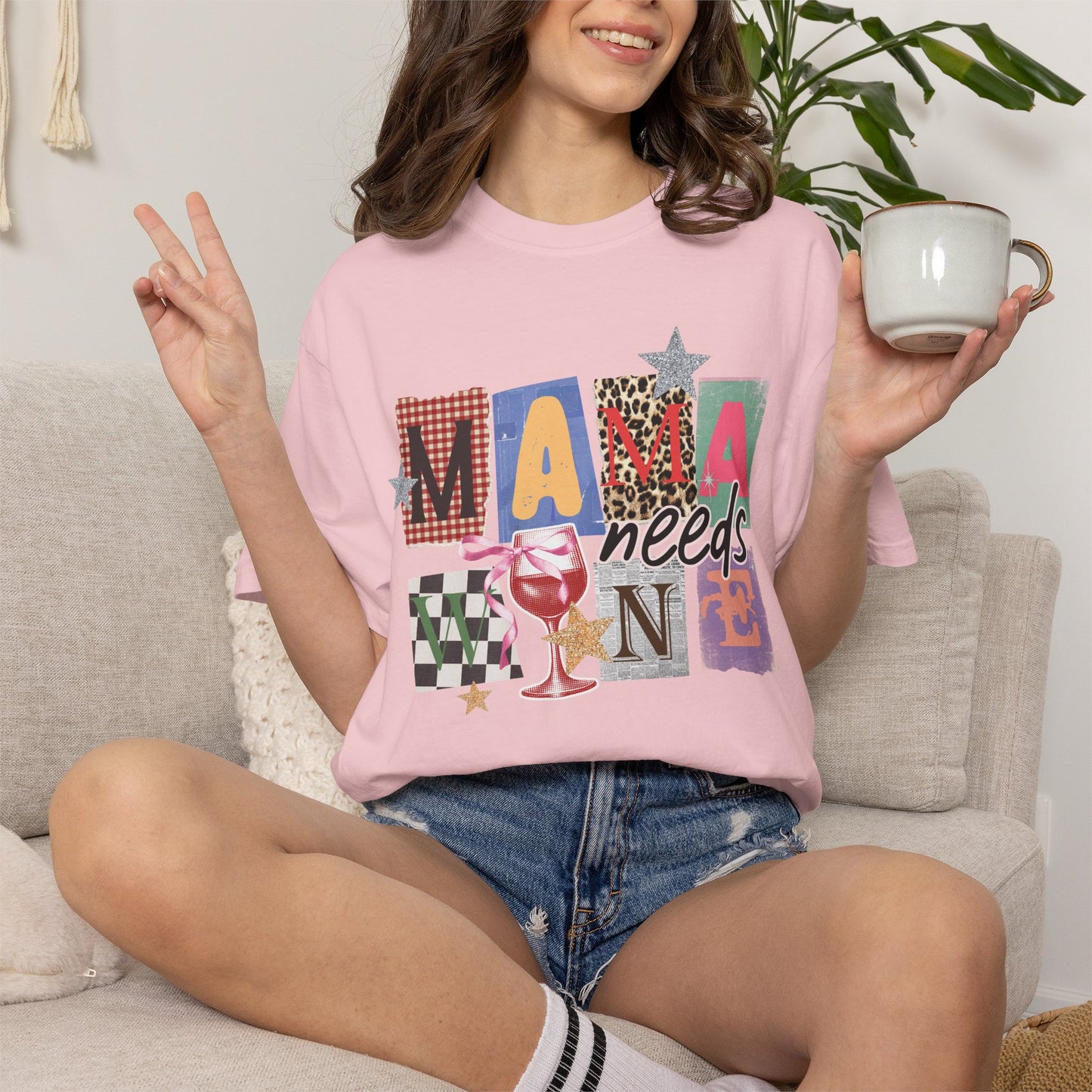 Mama Needs Wine Graphic Tee • Funny Mom Shirt Women • Trendy Patchwork Mixed Print Leopard Gingham Tee • Mom Life Shirt